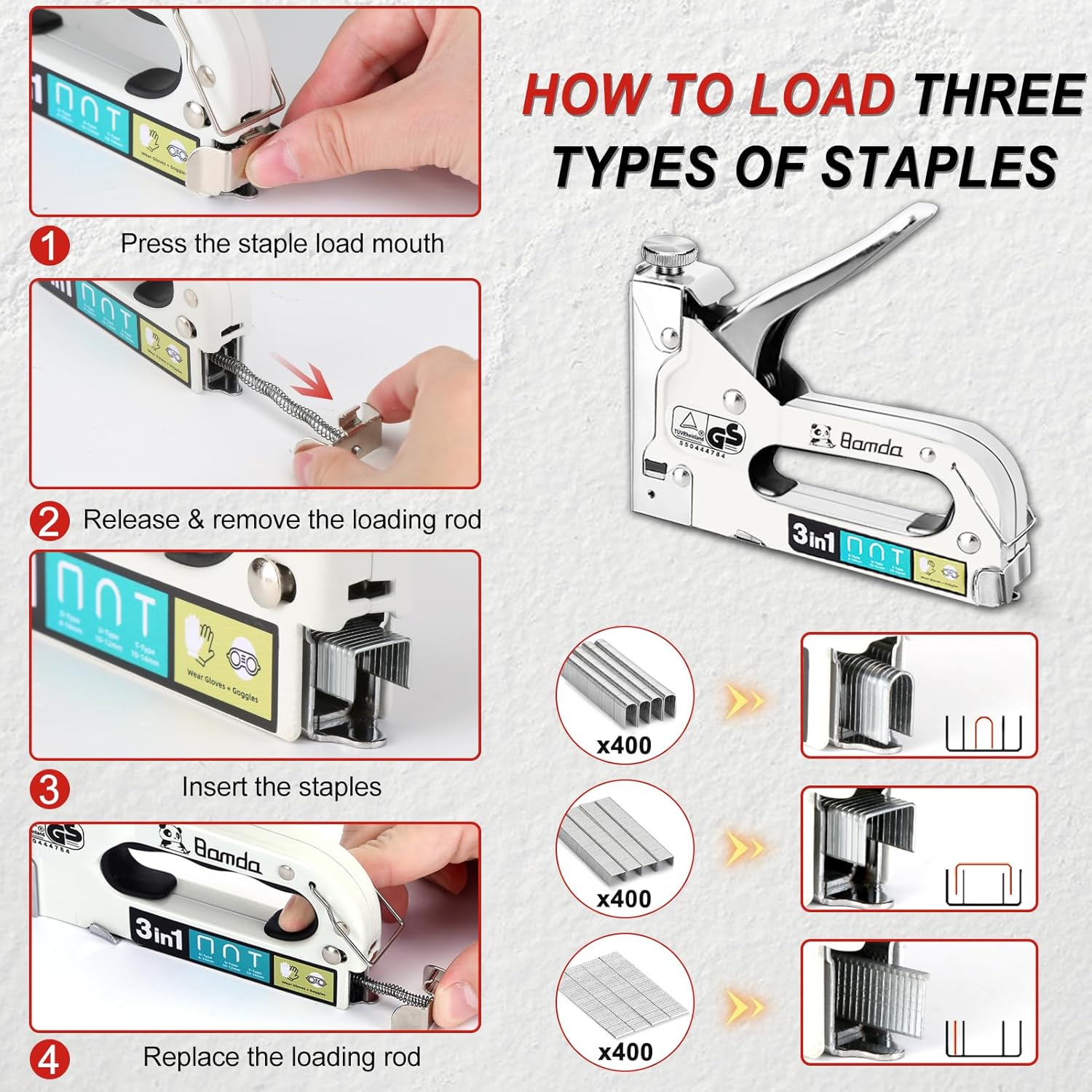 Detalle de Bamda 3 in 1 Staple Gun with 1200 Staples (adjustable strength) for wood, wall fixing and cable tacking