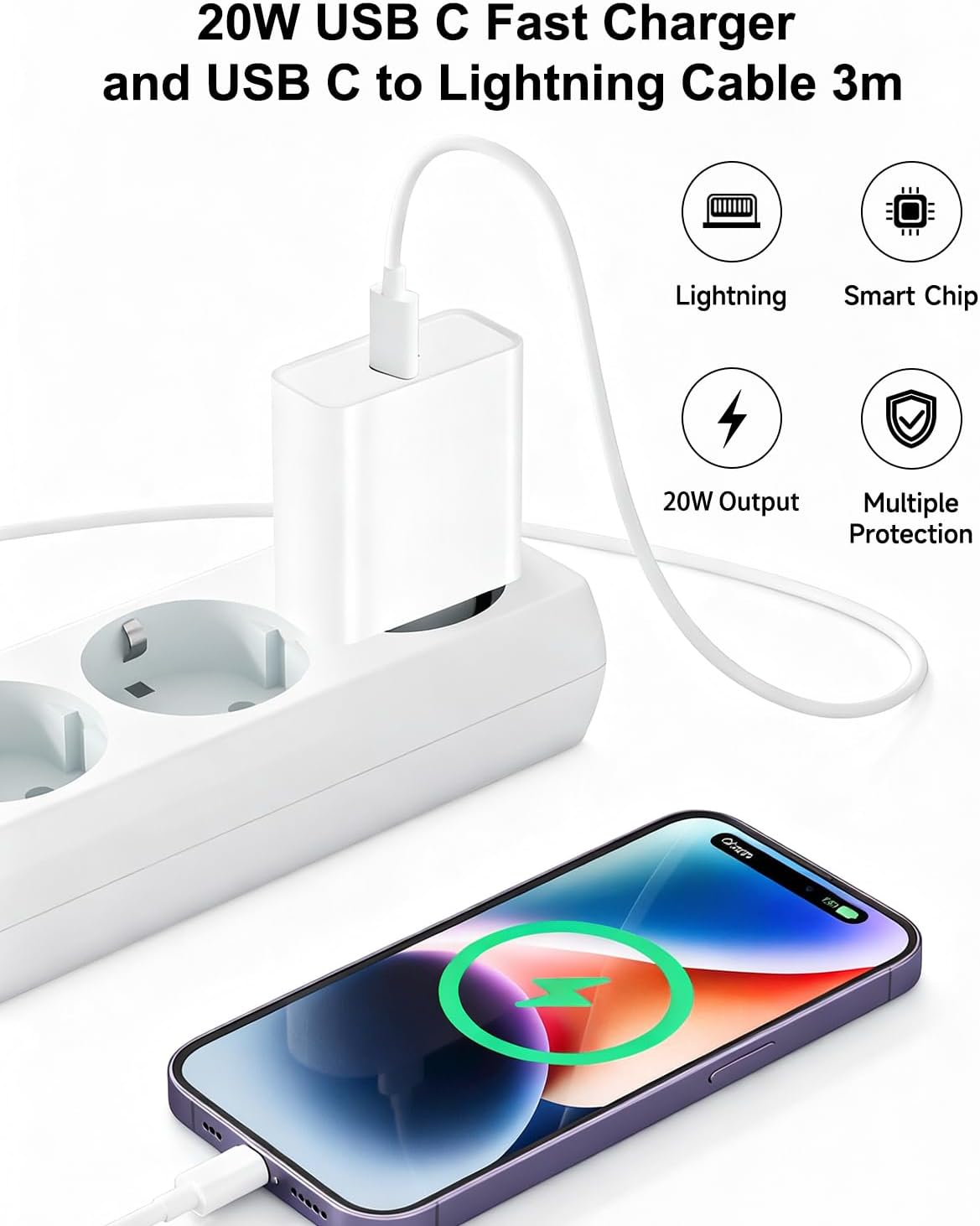 Detalle de Cargador 20W iPhone con cable USB‑C a Lightning 3m
