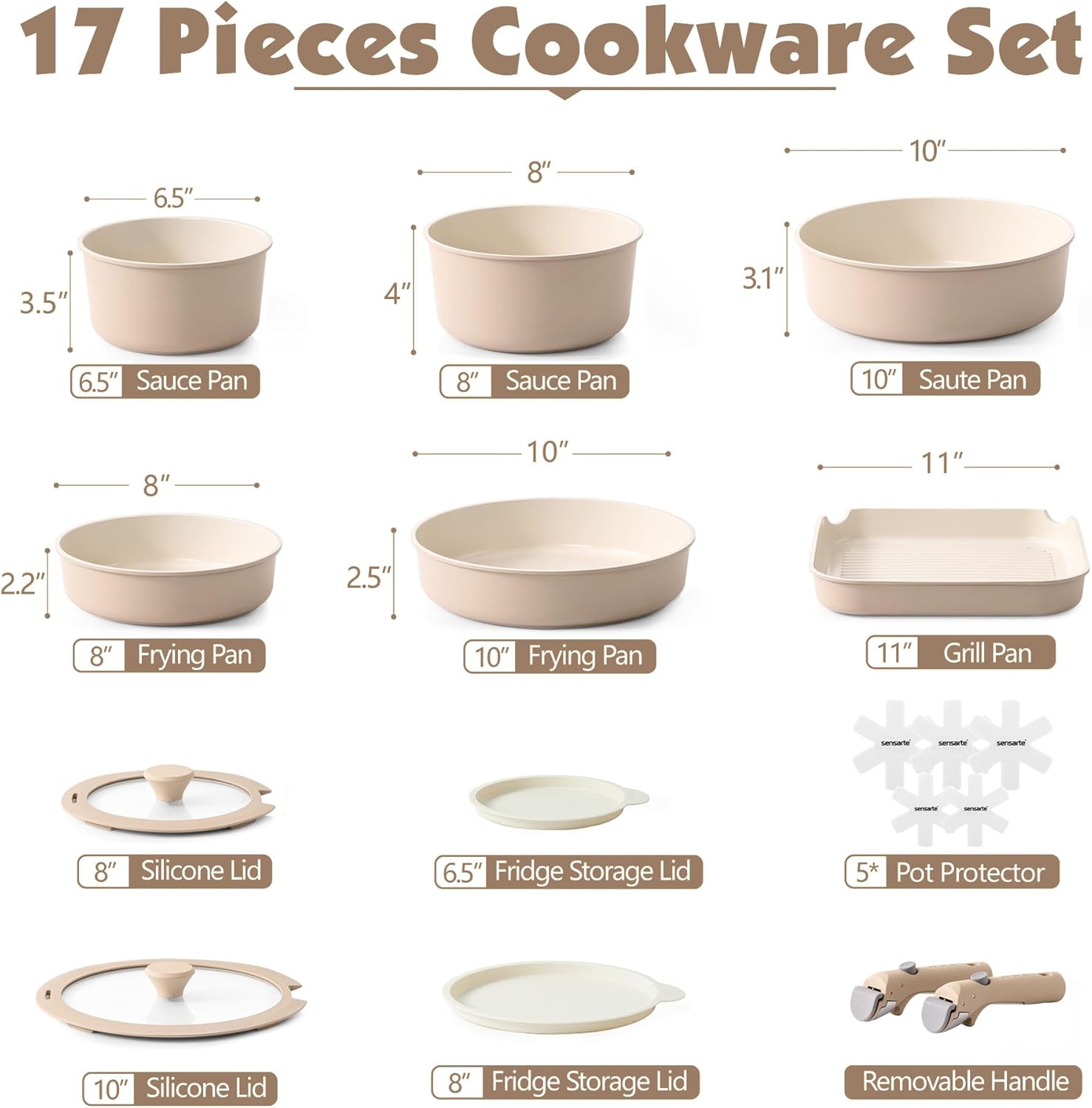 Detalle 2 de SENSARTE 17-piece ceramic nonstick cookware set with detachable handle (Almond Beige)