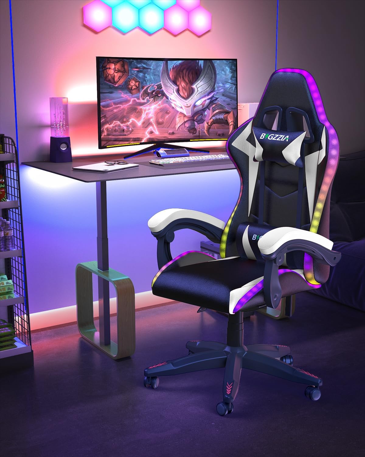 Detalle de Racingreat LED Gaming Stuhl mit RGB-Lichtleiste, Kopfstütze & Lendenwirbelstütze (90°–135°) – weiß