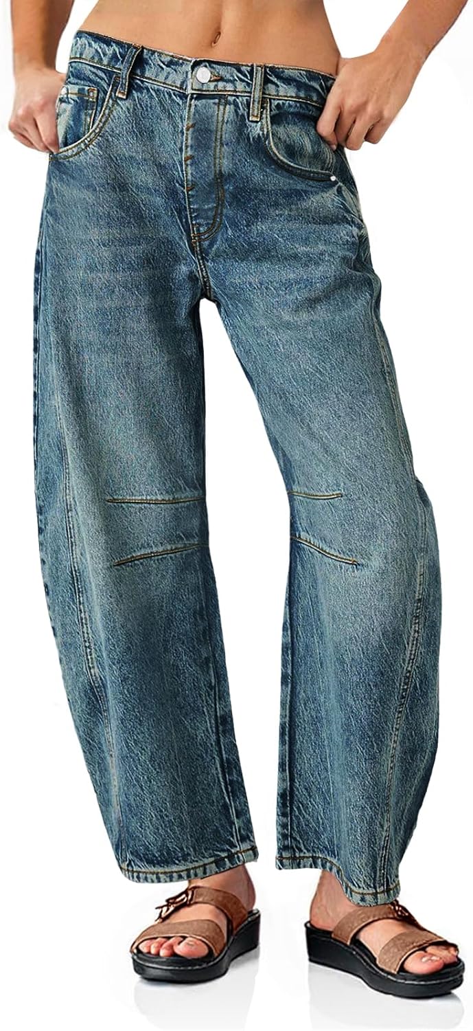 Thumbnail 6 de PLNOTME Women's Baggy Boyfriend Jeans Vintage Wide Leg Mid Rise Barrel Denim Ankle Pants