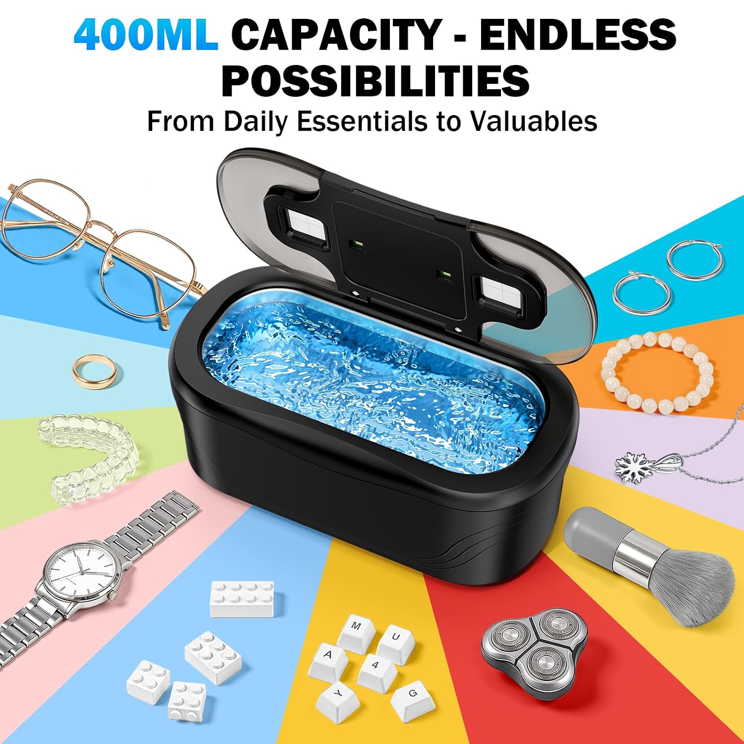 Detalle 2 de Raugbeyvo Ultrasonic Jewelry Cleaner, 48 kHz, 400 mL, 3 Modes, Black