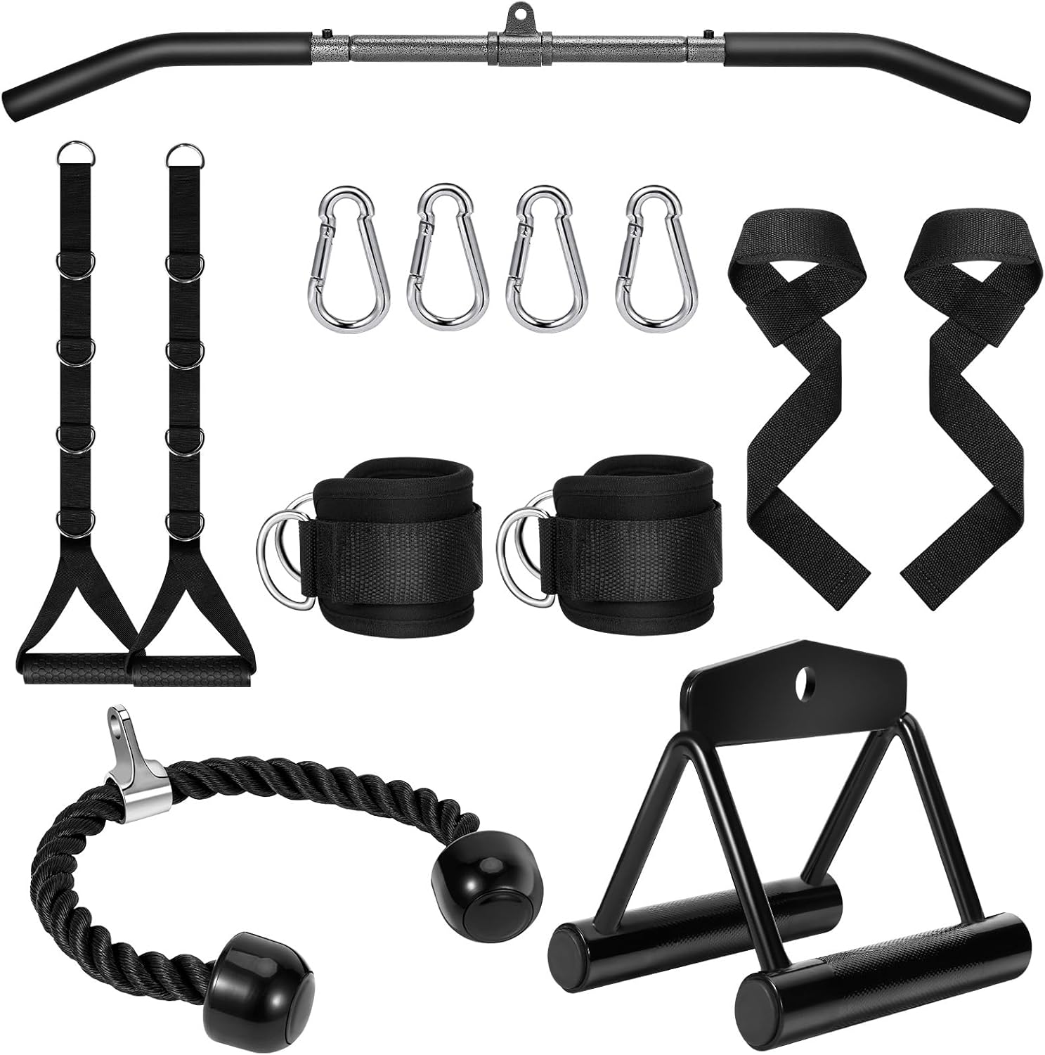 Detalle de Turakun Cable Machine Attachments Set: LAT Pulldown Bar, Double D Handles, Tricep Rope & More for Home Gym