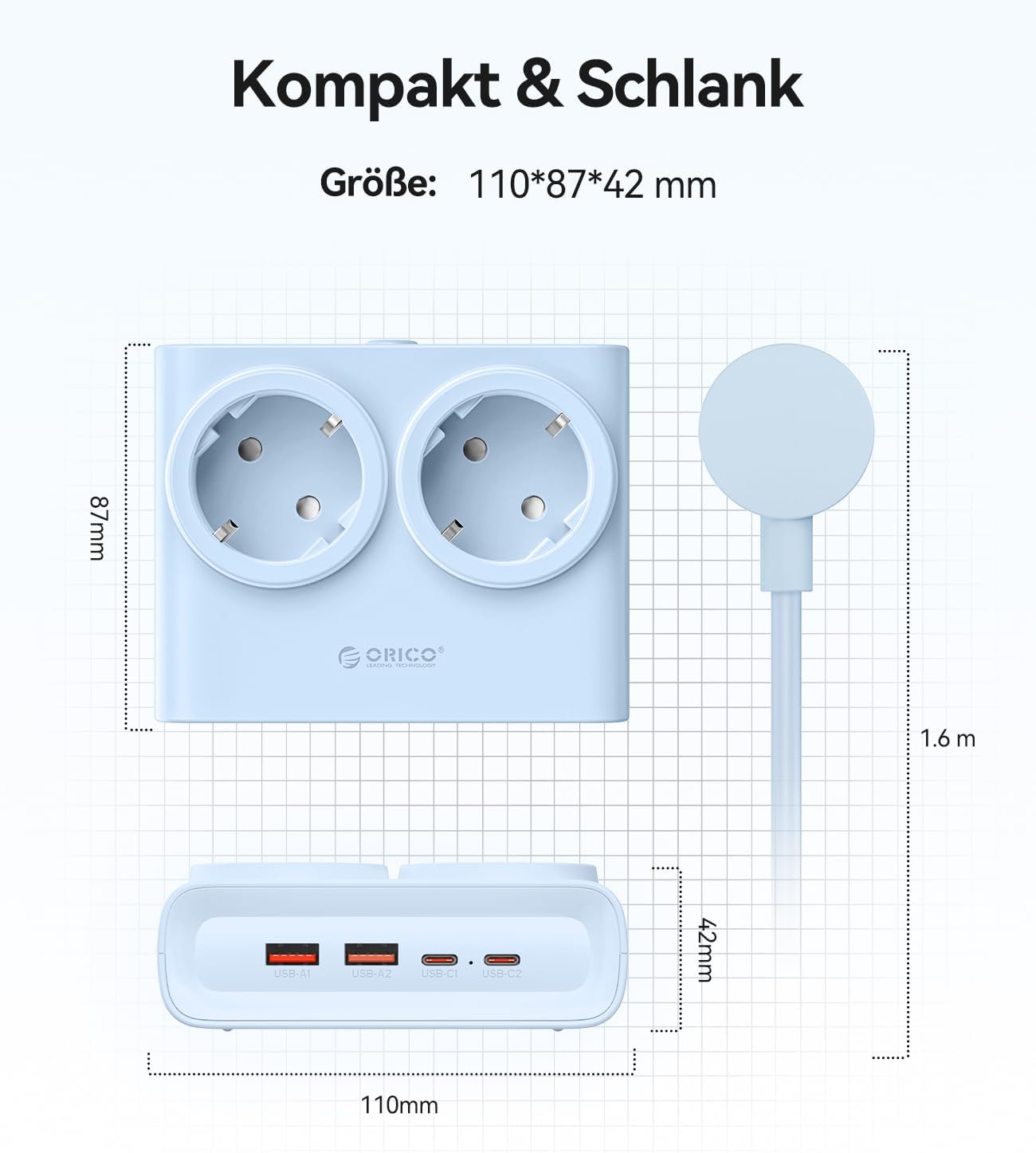 Thumbnail 6 de ORICO 25W GaN Mehrfachsteckdose 6-in-1 Blau – 2x AC, 2x USB-A, 2x USB-C PD, 1,6 m Kabel