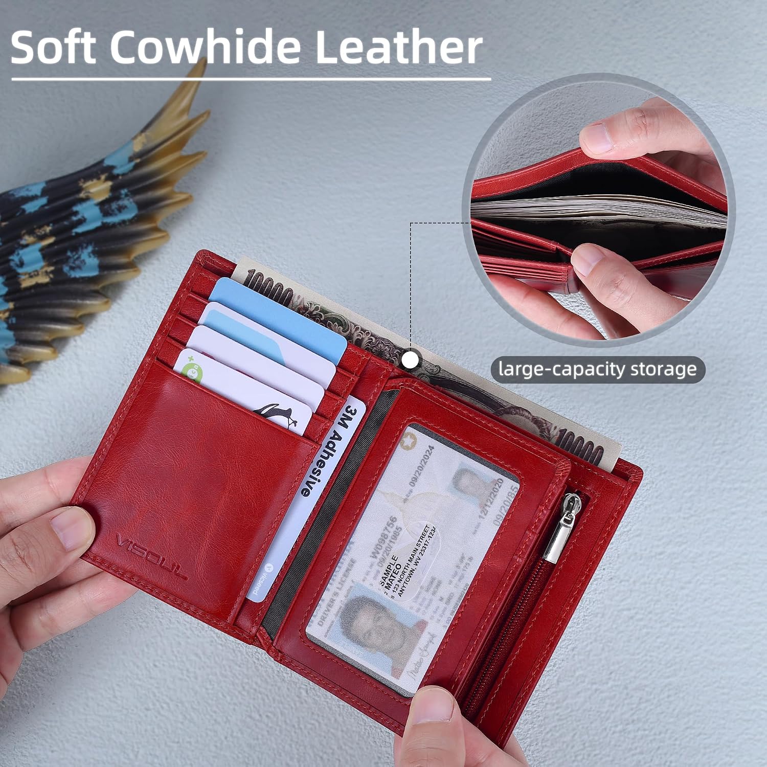 Detalle 1 de VISOUL Portafoglio Verticale in Vera Pelle RFID Rosso