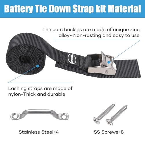 Detalle de EXVITAL Battery Fixing Kit: 2.5 x 121.9 cm with Rustproof Cam Buckle and Stainless Bracket (Pack of 2)