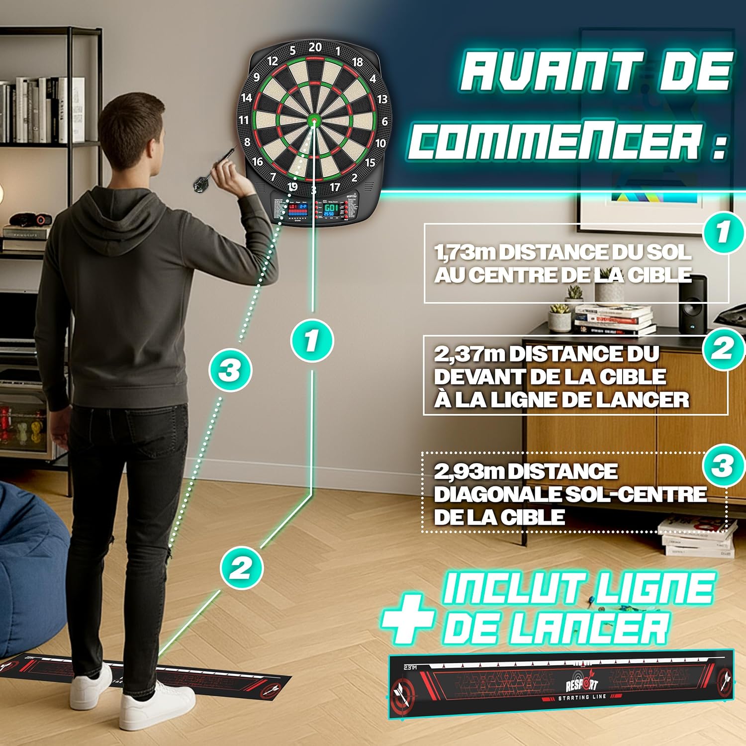 Thumbnail 5 de RE:SPORT Cible de fléchettes électronique professionnelle avec 12 flèches et accessoires — 1 à 8 joueurs, 427 variantes