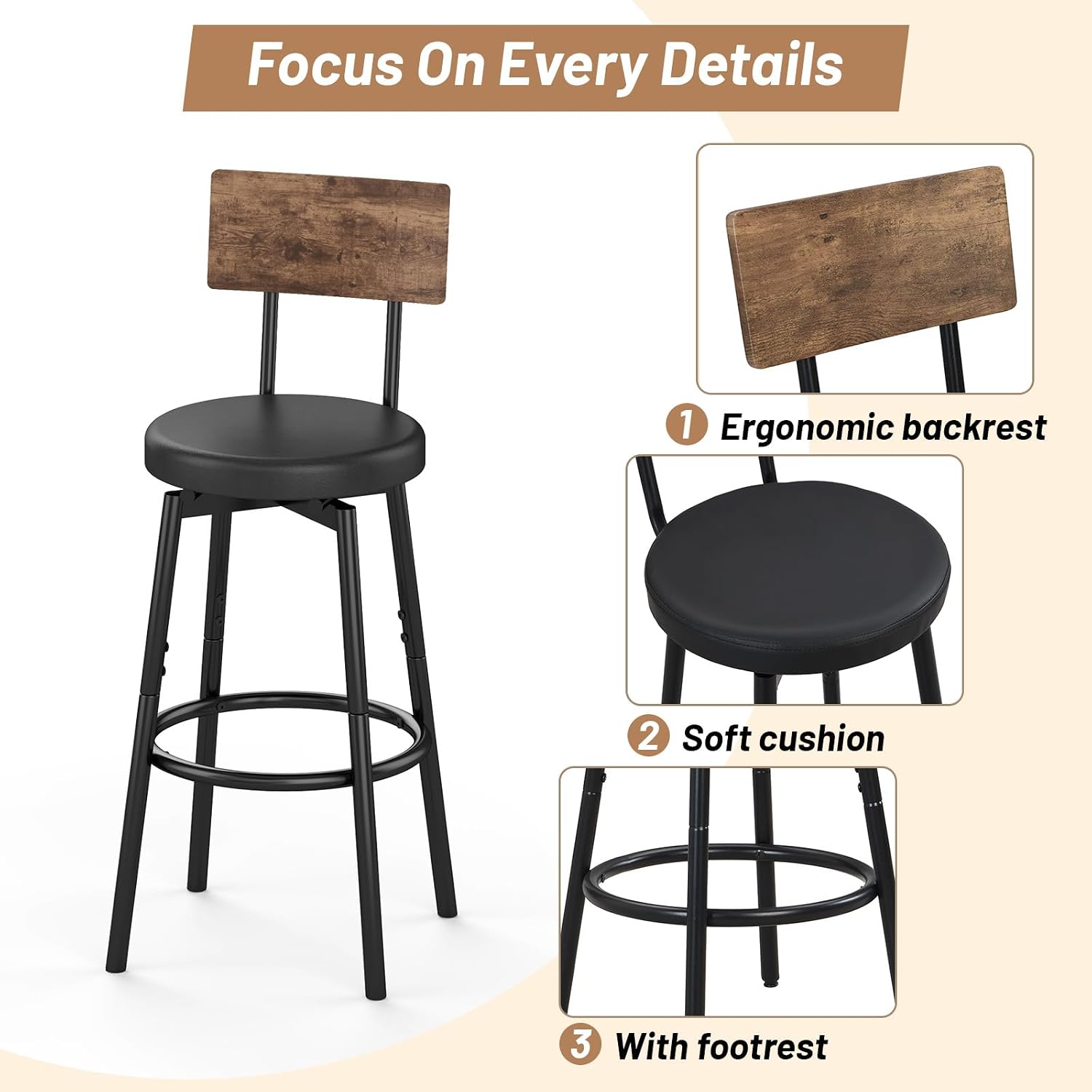 Detalle 2 de Zevemomo DT-01 Dining Table Set for 4 with Brown Top and PU Stools
