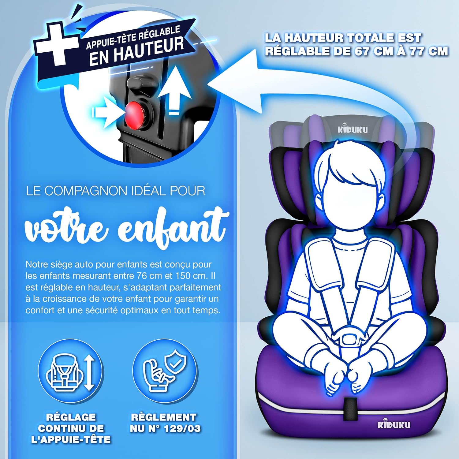Thumbnail 6 de KIDUKU Siège auto pour enfants avec Protection, évoluant avec la croissance, norme ECE R129/03, de 9 kg à 36 kg (Groupe 1/2/3) - Noir/Violet
