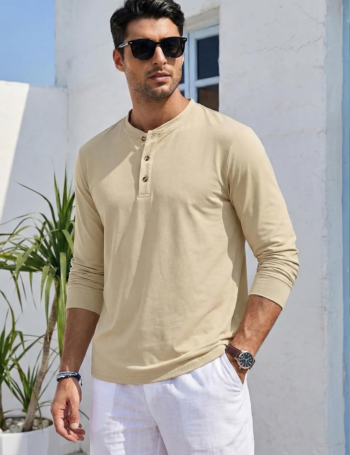 Thumbnail 1 de TACVASEN Men’s Long Sleeve Henley T Shirt - Pure Cotton, Casual Everydaywear