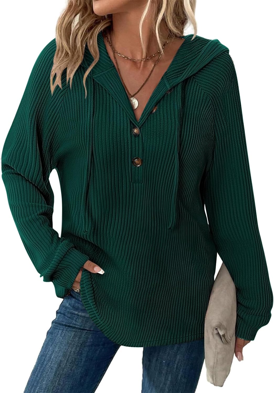 Thumbnail 6 de Tanmolo Pullover Damen Hoodie V‑Ausschnitt Knopfleiste