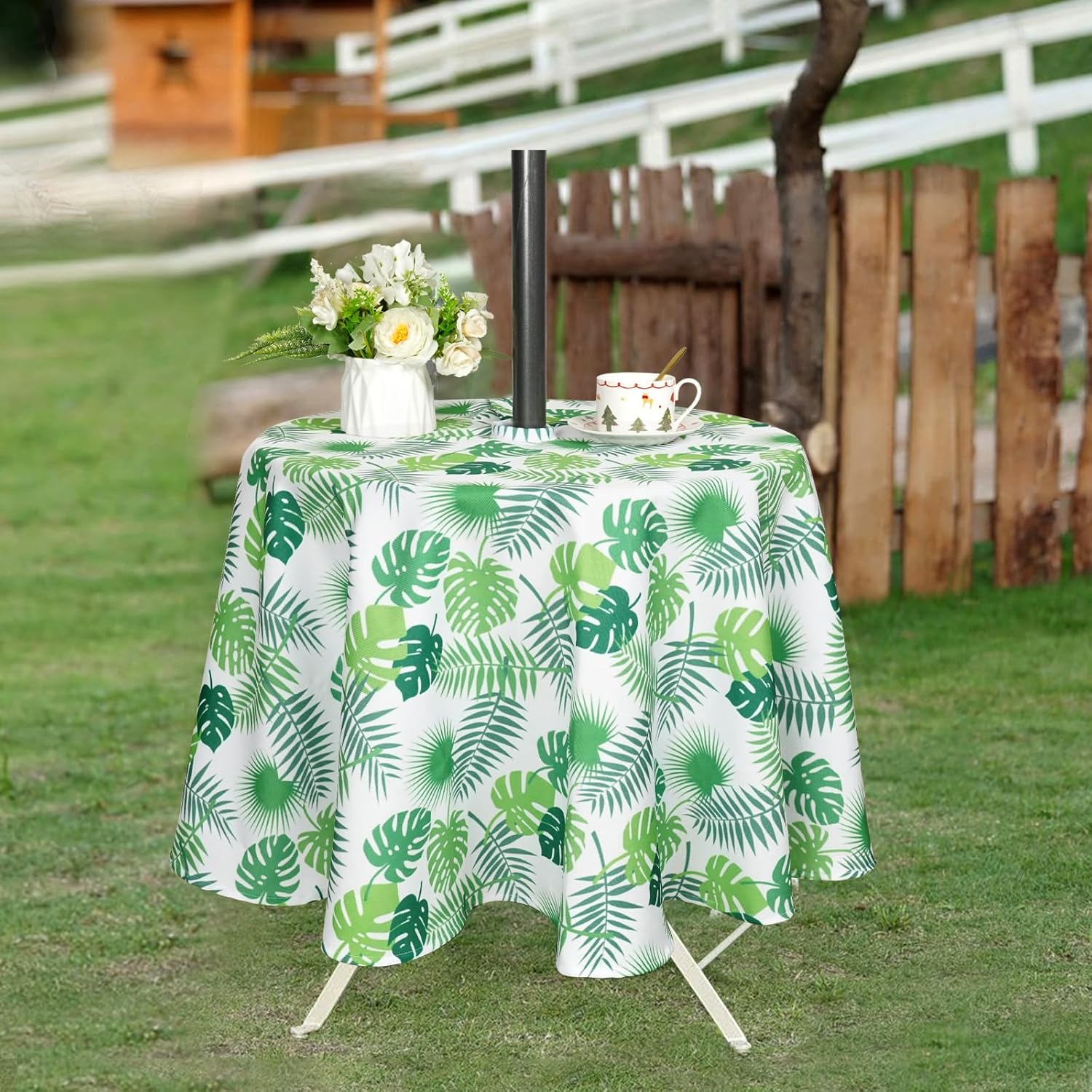 Thumbnail 6 de Eternal Beauty 152cm Round Little Leaf indoor/outdoor splashproof tablecloth with umbrella hole and zipper (60")