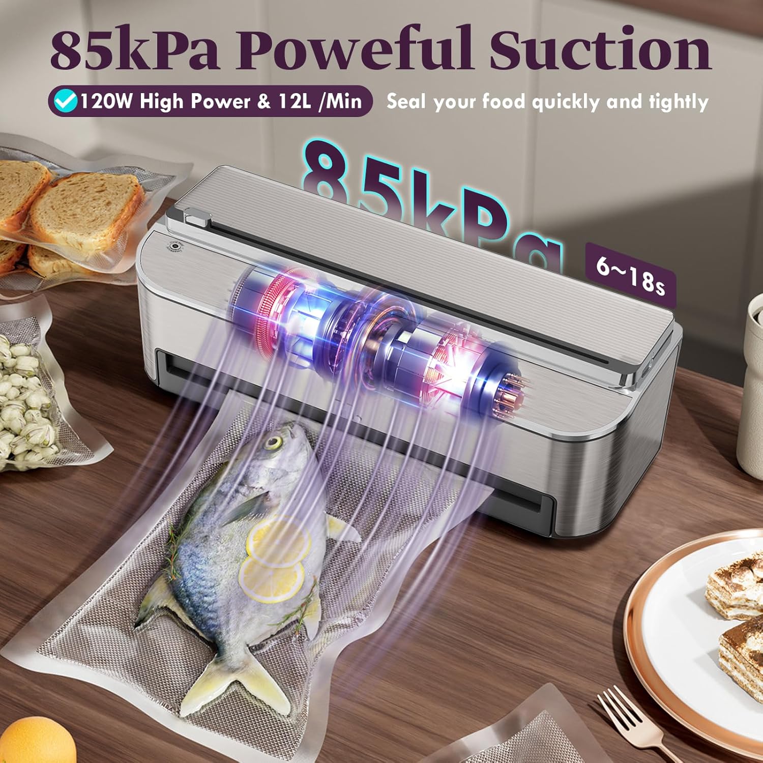Thumbnail 3 de Mesliese automatic vacuum sealer machine (85kPa, 120W) with built-in cutter, bag storage and moist mode