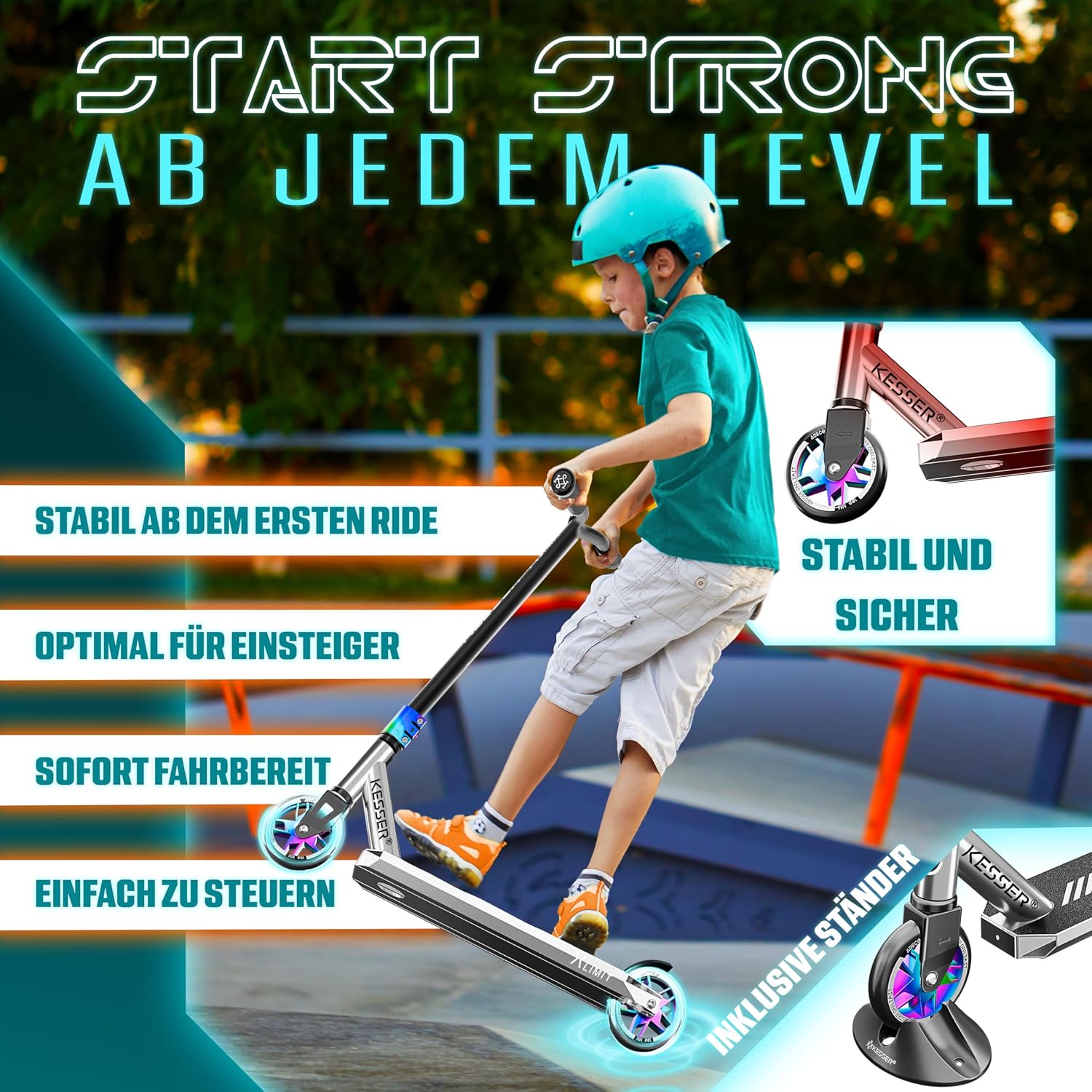 Detalle de KESSER® Stunt Scooter X-Limit-Pro 360° Lenkung – ABEC 9, 110mm PU-Räder, Ständer
