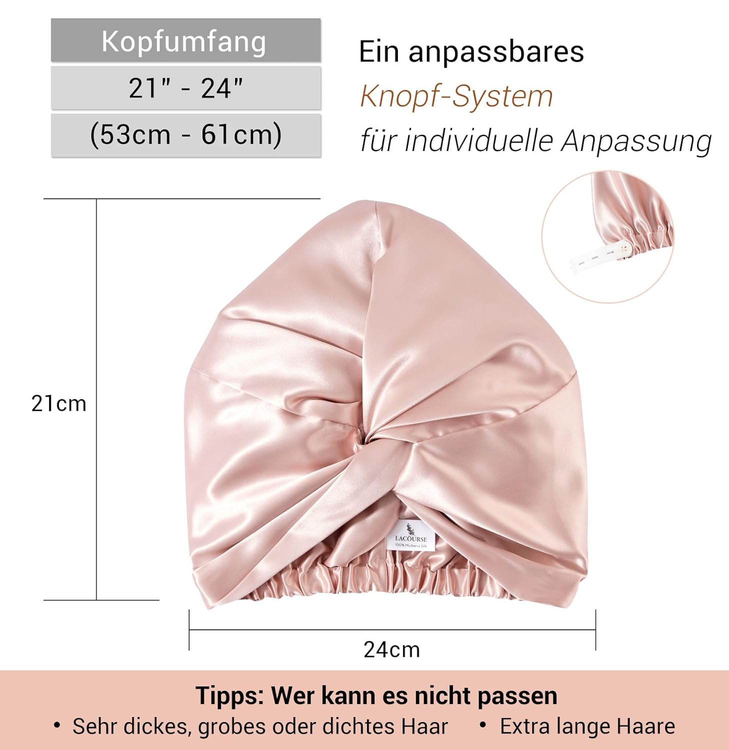 Detalle de LaCourse rutschfeste, verstellbare Seidenhaube (22 Momme, 100% Maulbeerseide, doppellagig) zum Schlafen – Rosa
