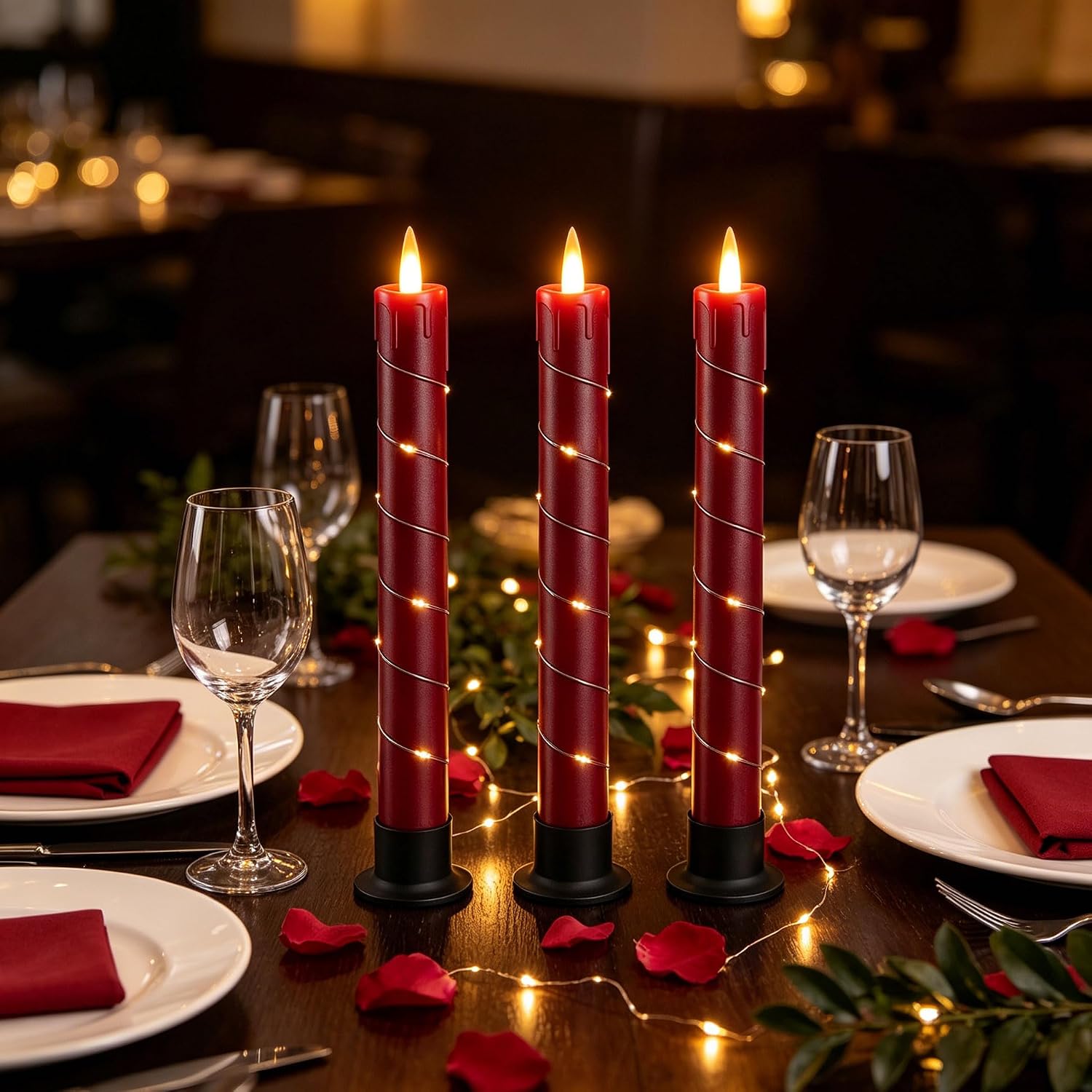 Detalle de Da by 3 Candele LED Rosse con Luci Fatate Avvolgenti e Telecomando – Set da 3