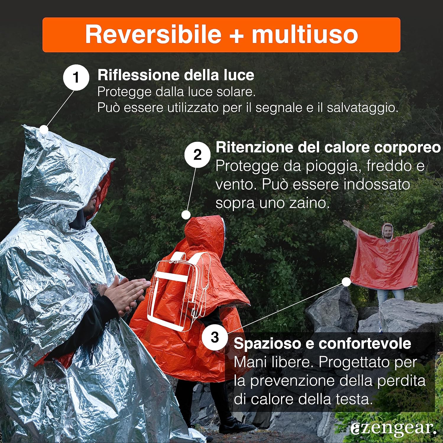 Thumbnail 2 de aZengear Poncho di emergenza e sopravvivenza (4 pezzi) in mylar, impermeabile e antivento, arancione
