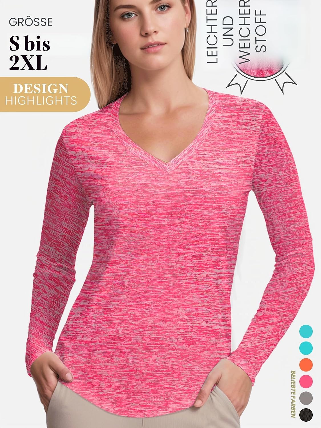 Detalle de Sportshirt Damen Kurzarm V-Ausschnitt UPF 50+ – atmungsaktives Funktionsshirt für Training und Alltag