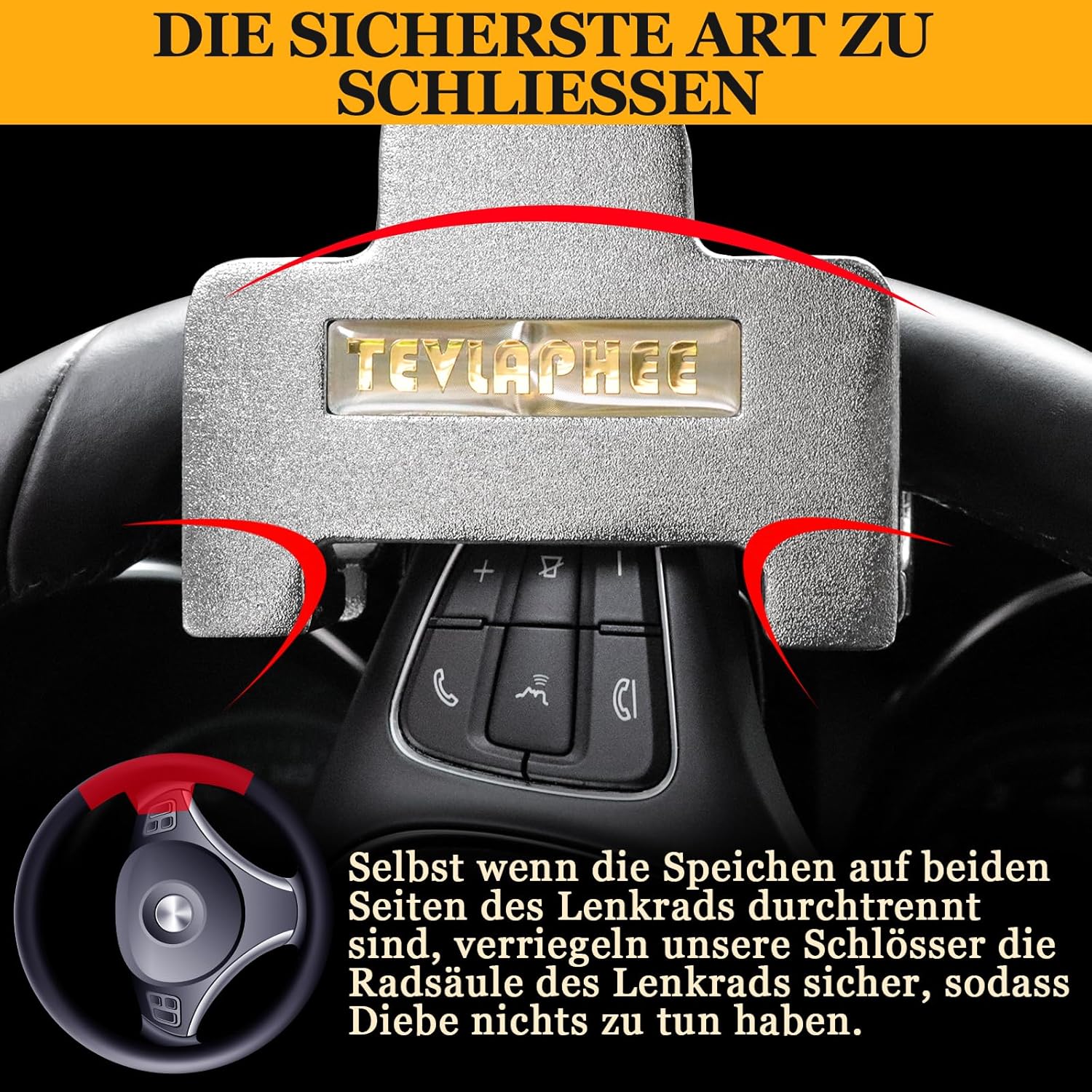 Detalle de Tevlaphee Lenkradkralle mit Alarm, 120 dB – Einziehbare Lenkradkralle, universell passgenau, Silber