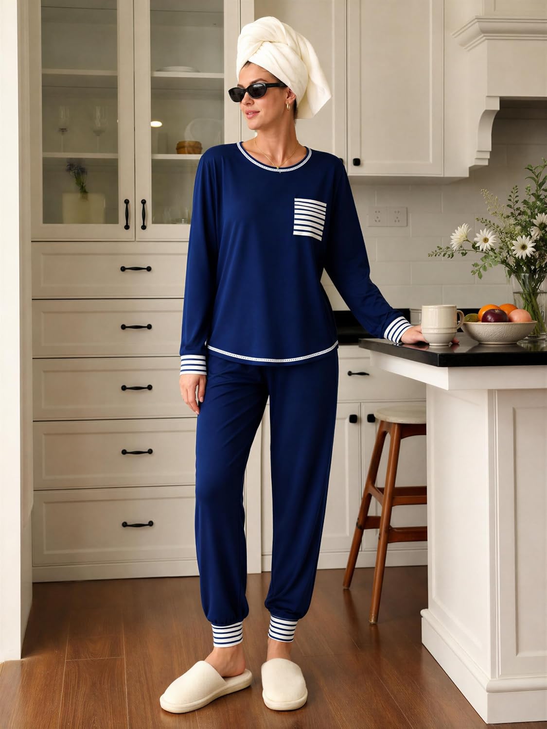 Detalle de SWOMOG Women’s Modal Pajama Set, Long-Sleeve Top and Pants, Lightweight 2-Piece Sleepwear