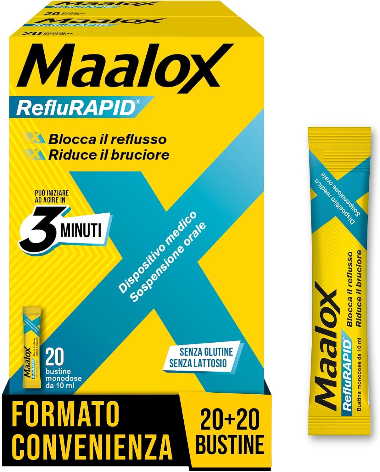 Detalle de Maalox Reflurapid Blocca il Reflusso Gastroesofageo – 40 Bustine Menta, senza glutine e lattosio