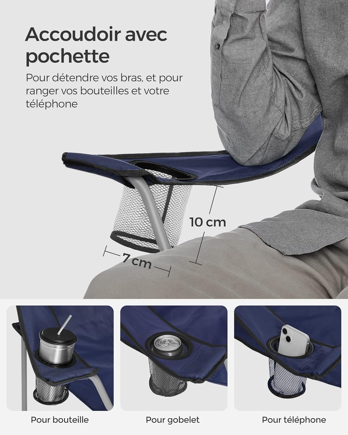Detalle de SONGMICS Chaise pliante de camping GCB01IN (lot de 2) – 120 kg, portable, avec accoudoir et porte-gobelet