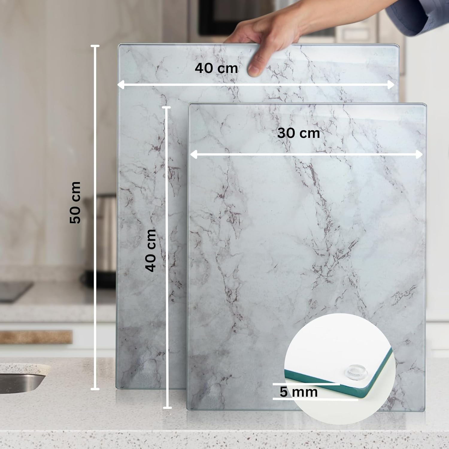 Thumbnail 3 de Kitchenville Glass Chopping Board 50x40cm (Grey Marble) tempered glass worktop saver