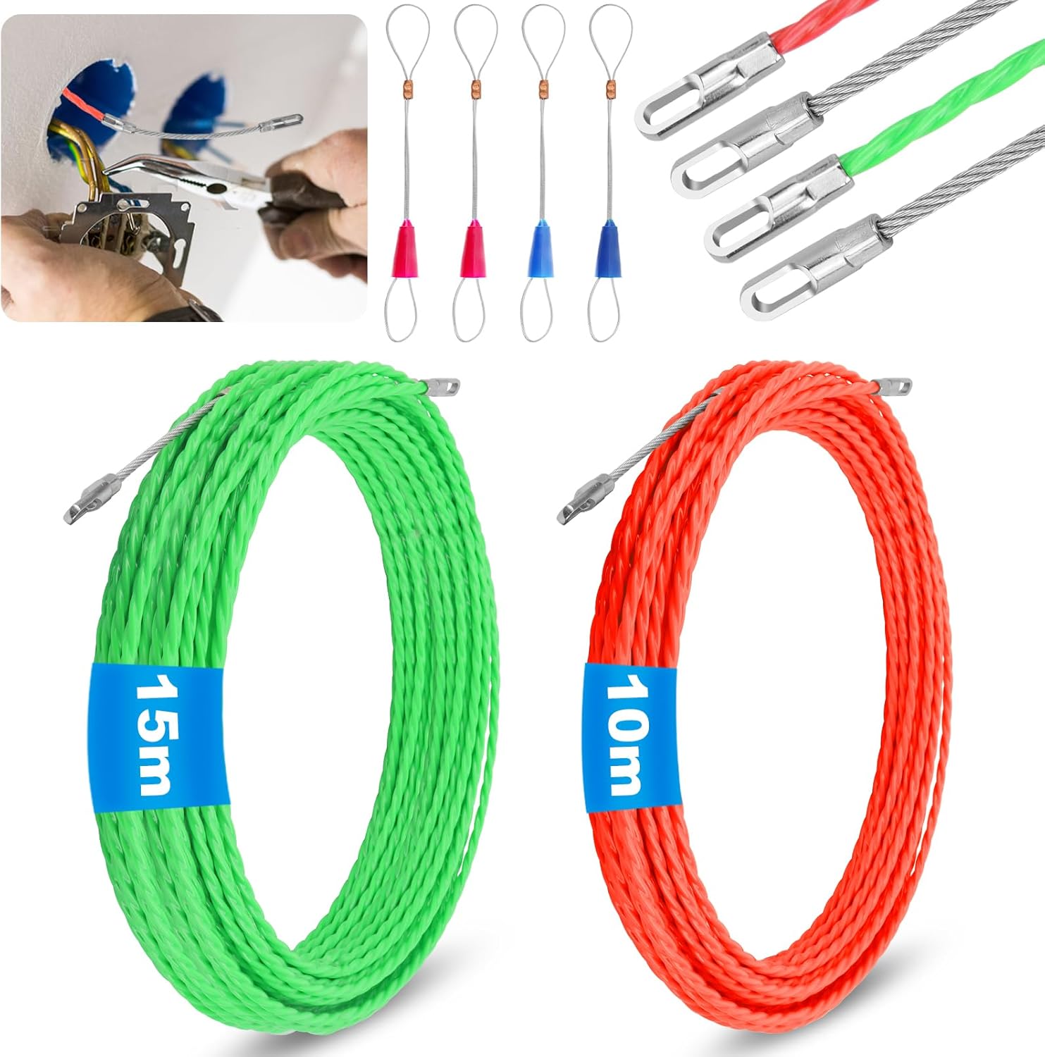 Bomtop Sonda Passacavi Professionale 2 pezzi (15 m + 10 m) con testa a rulli e cavi d’acciaio
