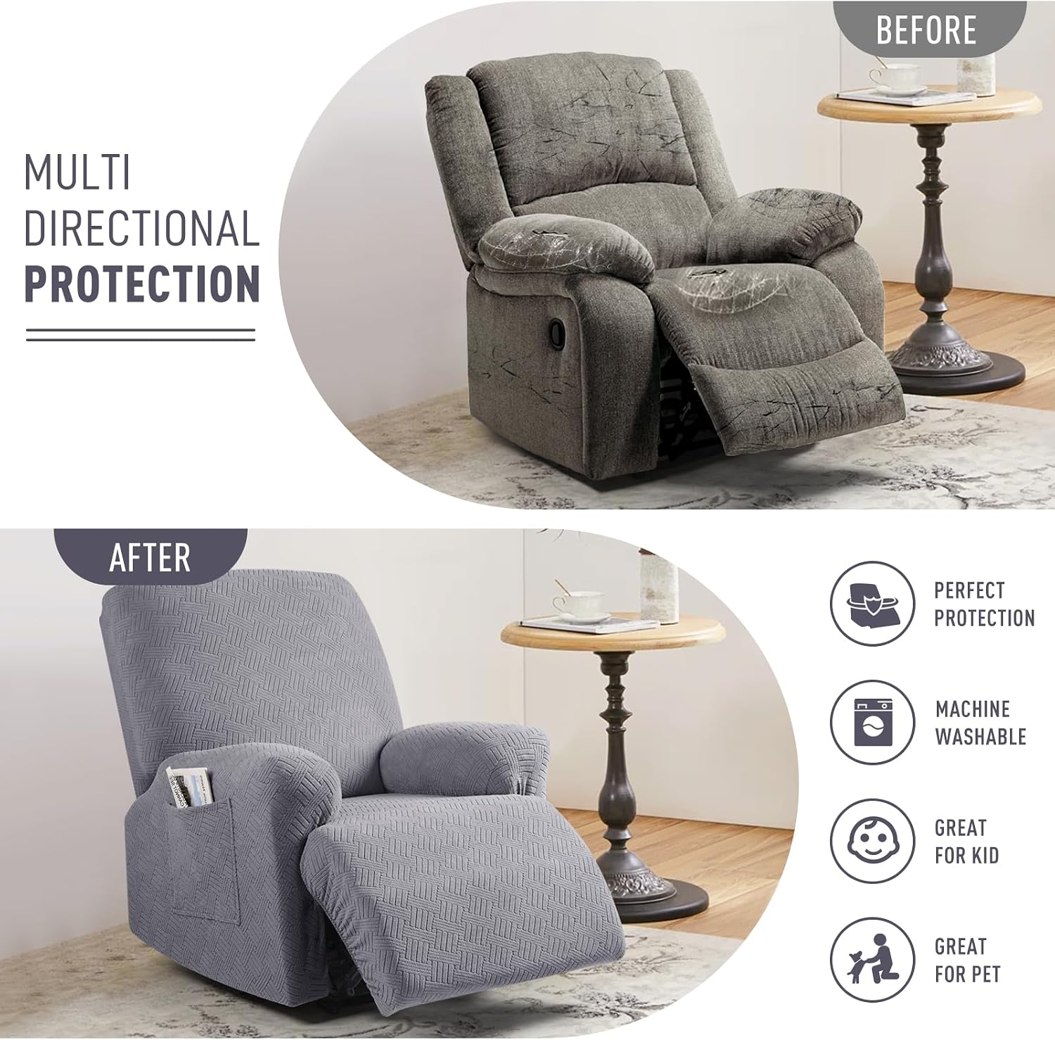 Detalle de KinCam Oversized Recliner Chair Cover, Light Gray Stretch Fit, 1XL