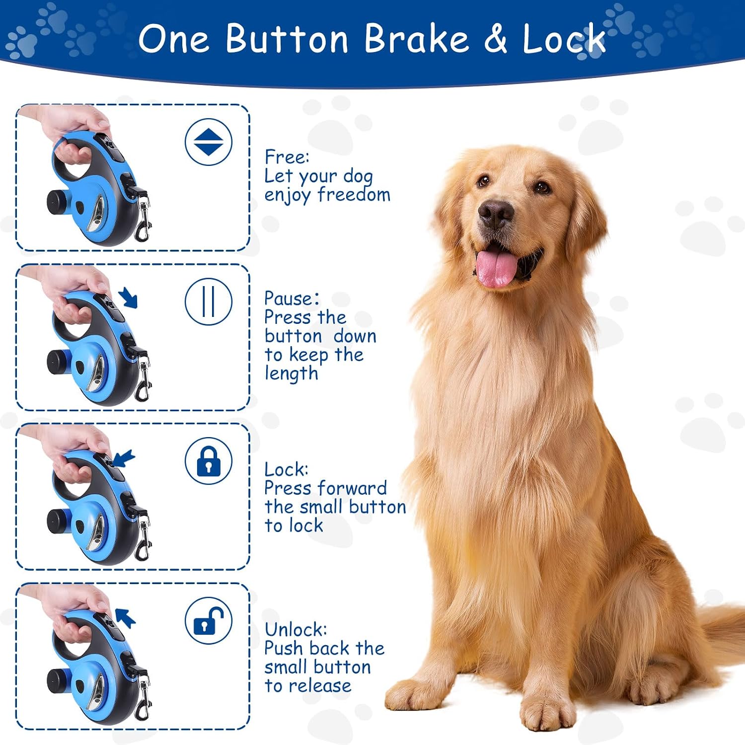 Detalle 2 de VTOPVMAX Retractable Dog Lead (8m/26FT) with Chew-Proof Cable, LED Light & One-Hand Brake (Blue) for Medium/Large Dogs up to 50kg