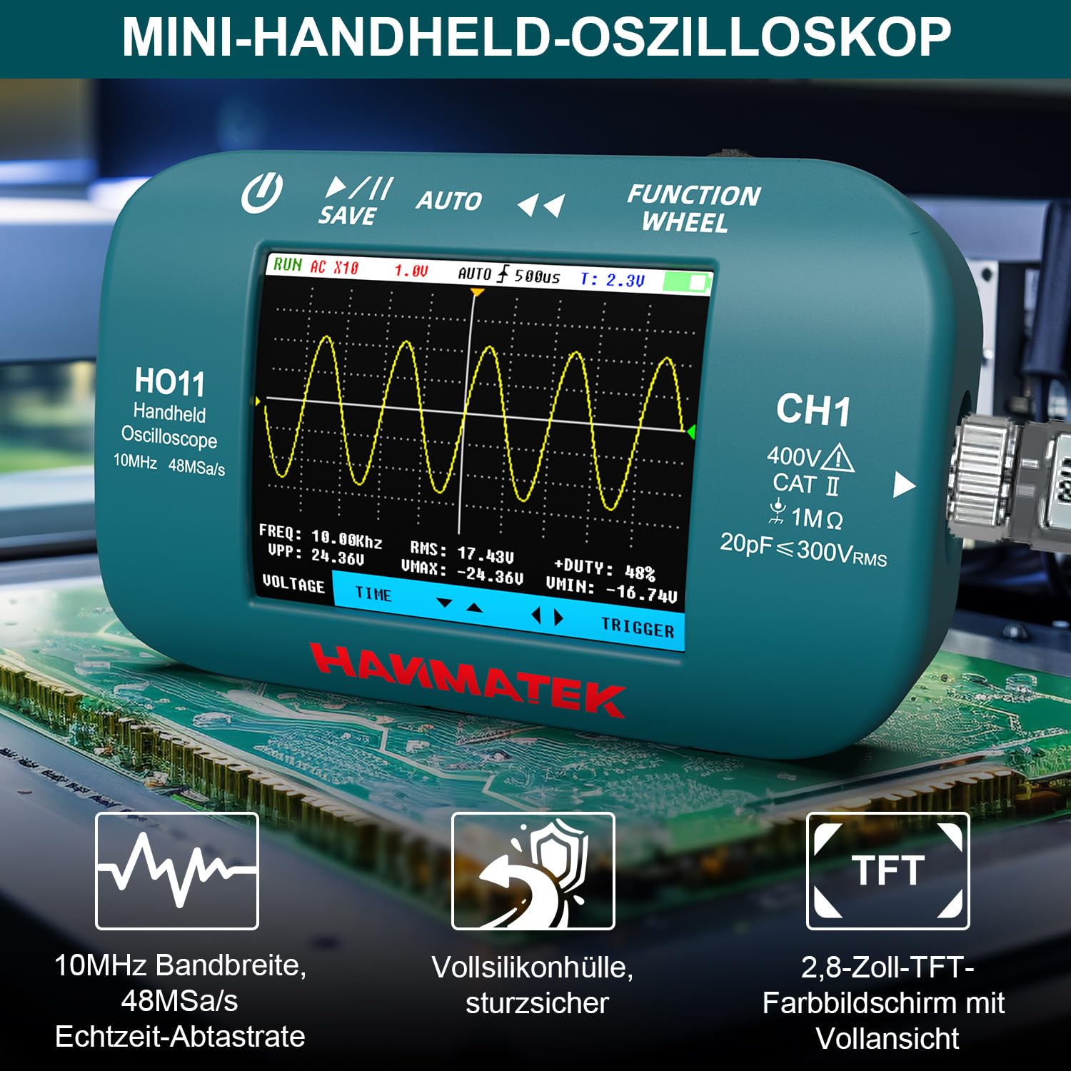 Detalle de HANMATEK HO11 Handheld-Digitaloszilloskop (10 MHz, 48 MSa/s) mit 2,8“-TFT und USB-Laden