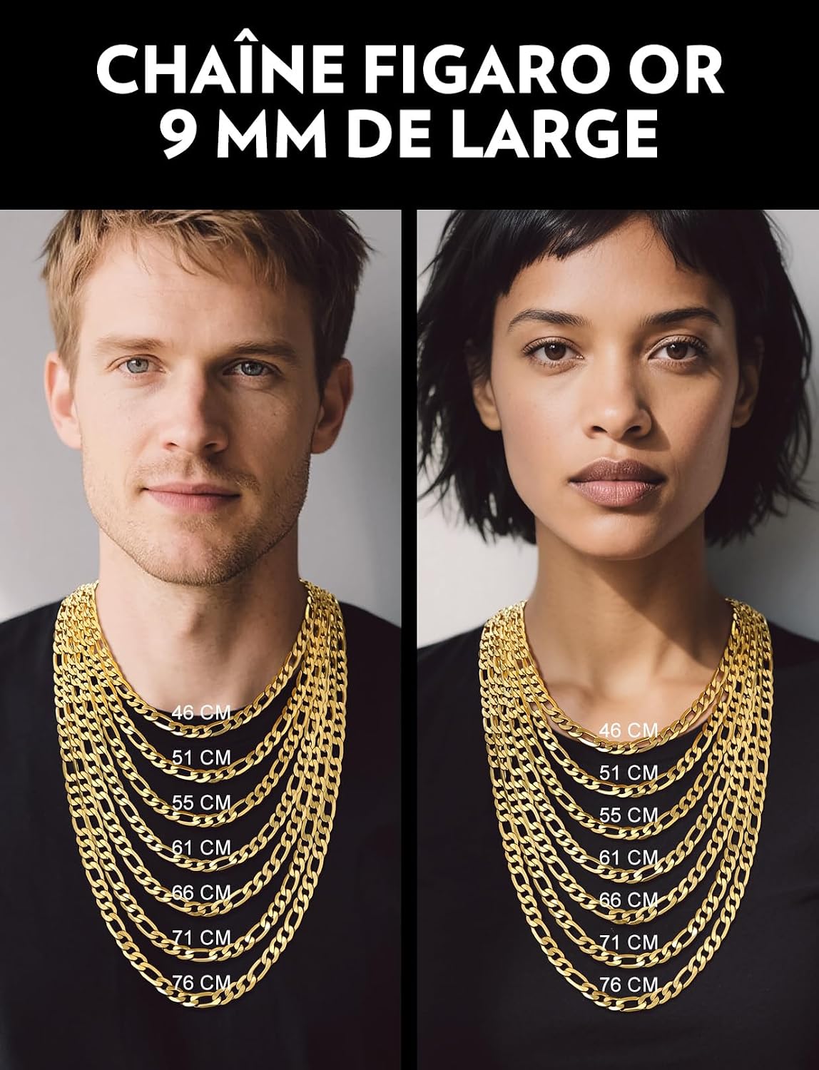 Detalle de Bandmax Chaîne Figaro 3 en 1 acier inoxydable 316L plaqué or 18 carats – collier homme / femme