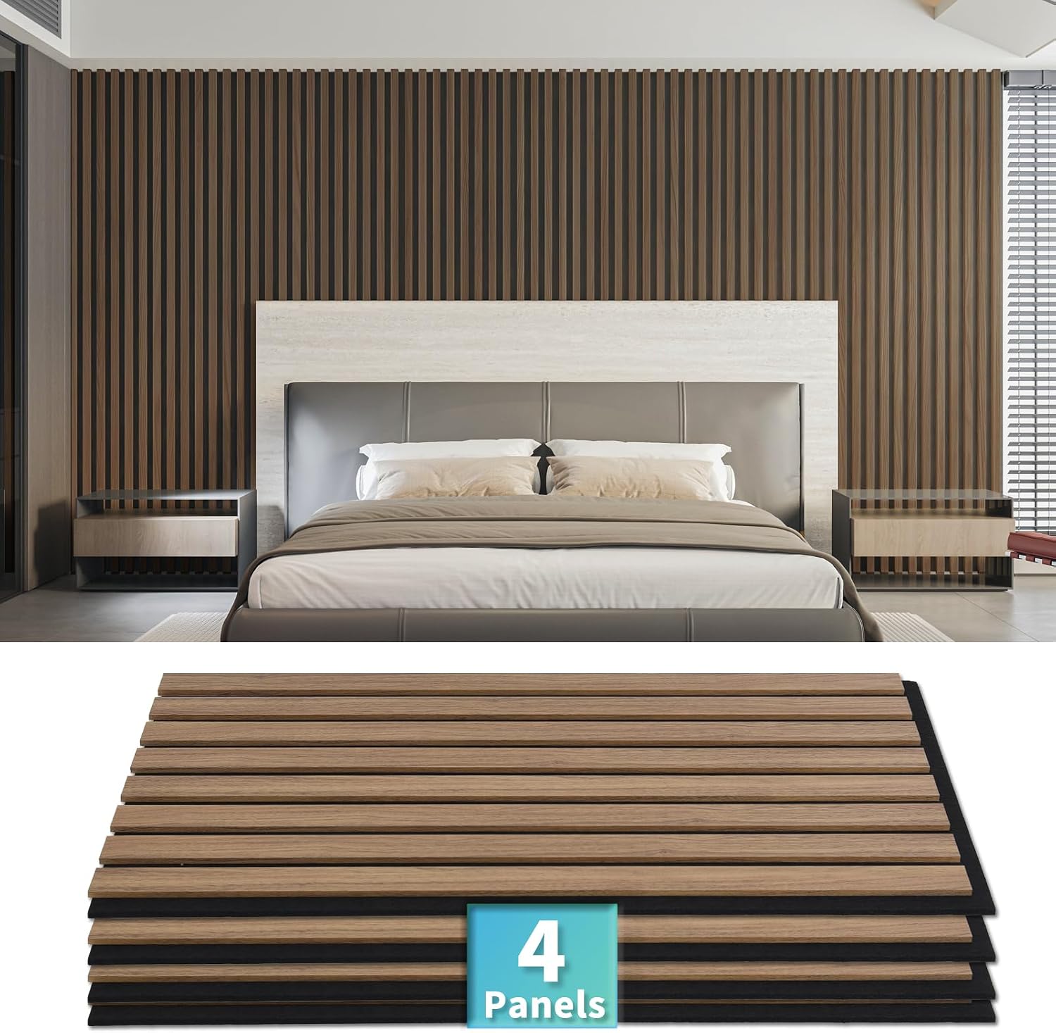 Detalle de Art3d 4-Pack Acoustic Wood Slat Wall Panels – Dark Walnut (23.6 x 11.8 in each) for Interior Decor