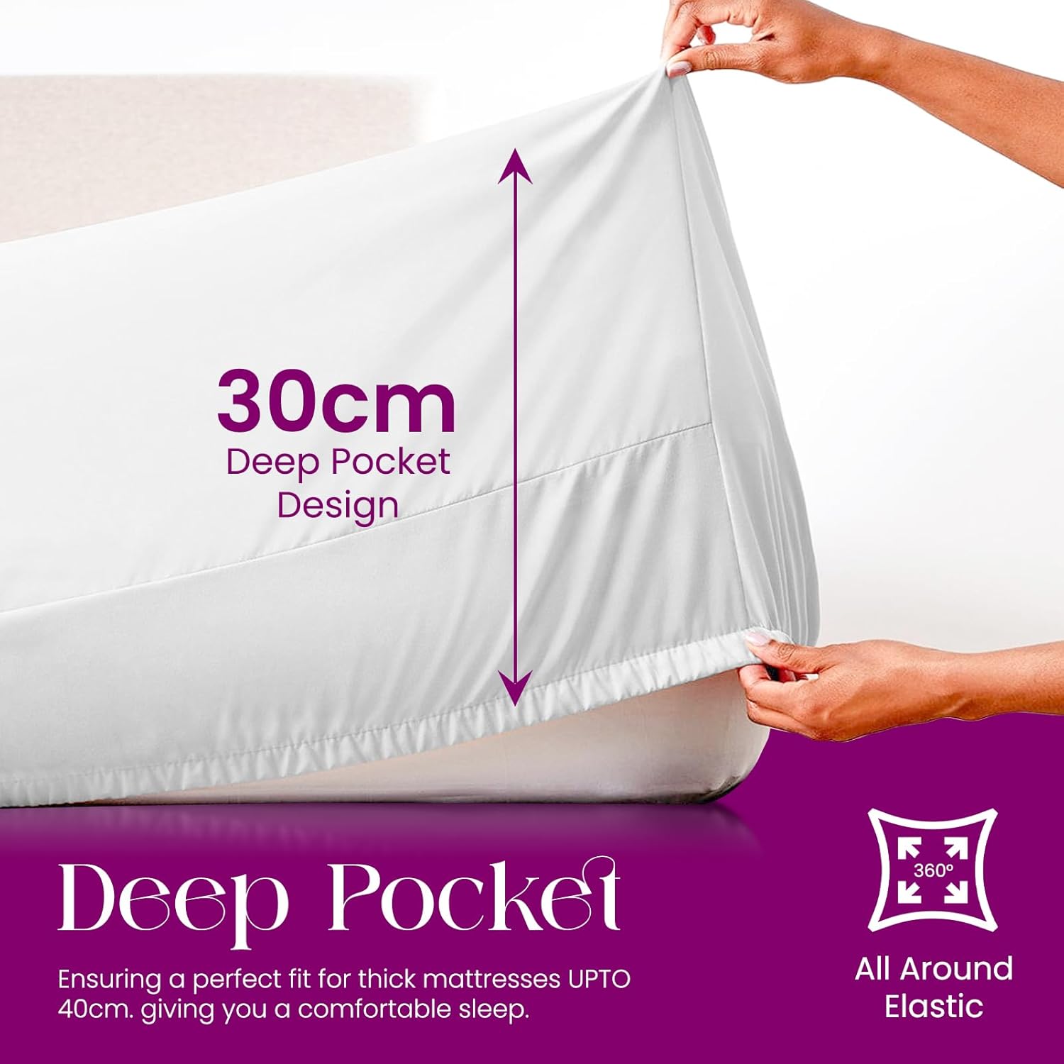 Thumbnail 3 de Linens World Egyptian Cotton Fitted Sheet (King Size) – 30cm Deep Pocket, Anti-wrinkle, Breathable