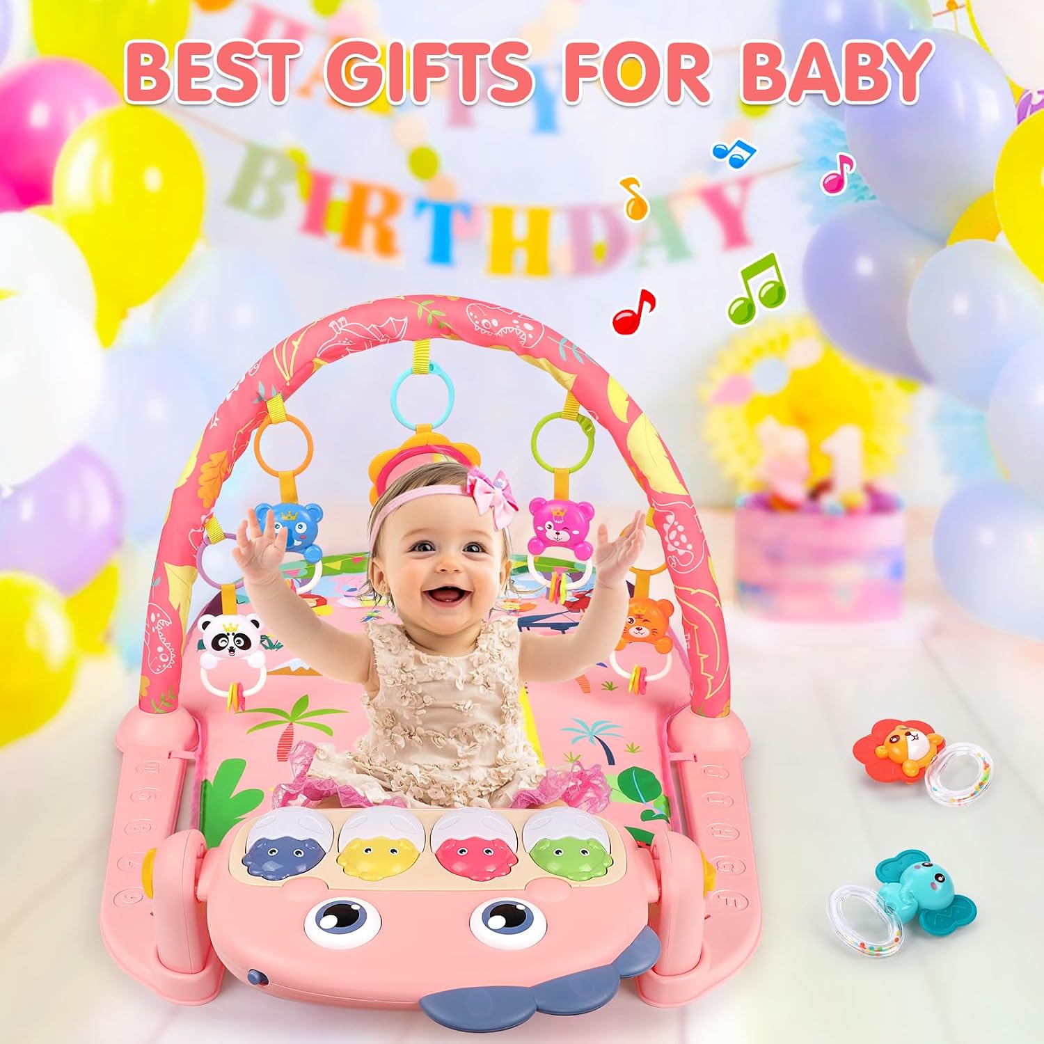 Detalle de UMIKU Pink Dinosaur Baby Play Gym Mat with Musical Piano and Activity Toys