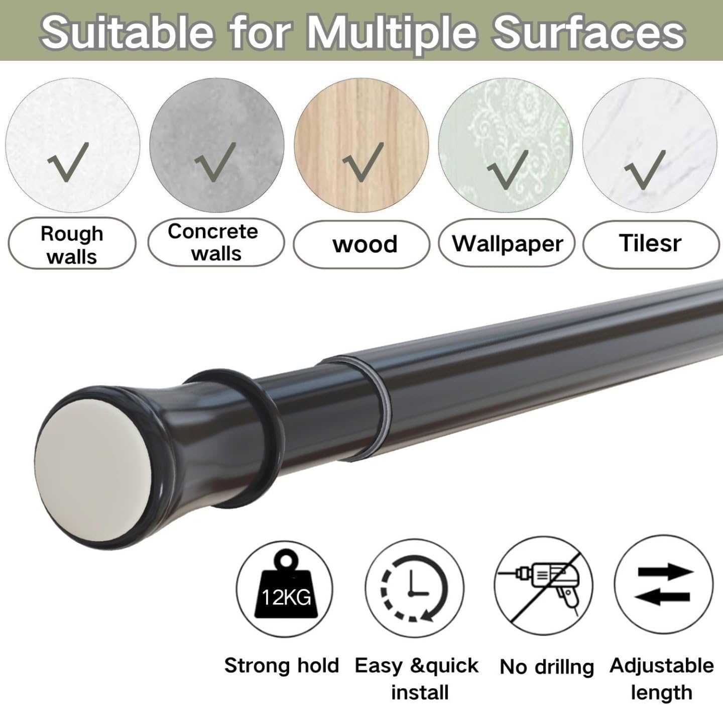 Thumbnail 2 de Tringle à rideaux extensible sans perçage Venwemong — 135–200 cm, 12 anneaux, usage polyvalent