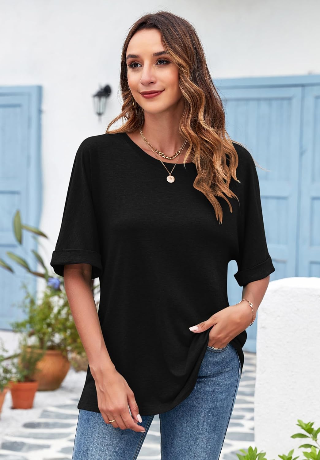 Thumbnail 1 de WNEEDU Oversize Shirt Damen Rundhals Kurzarm