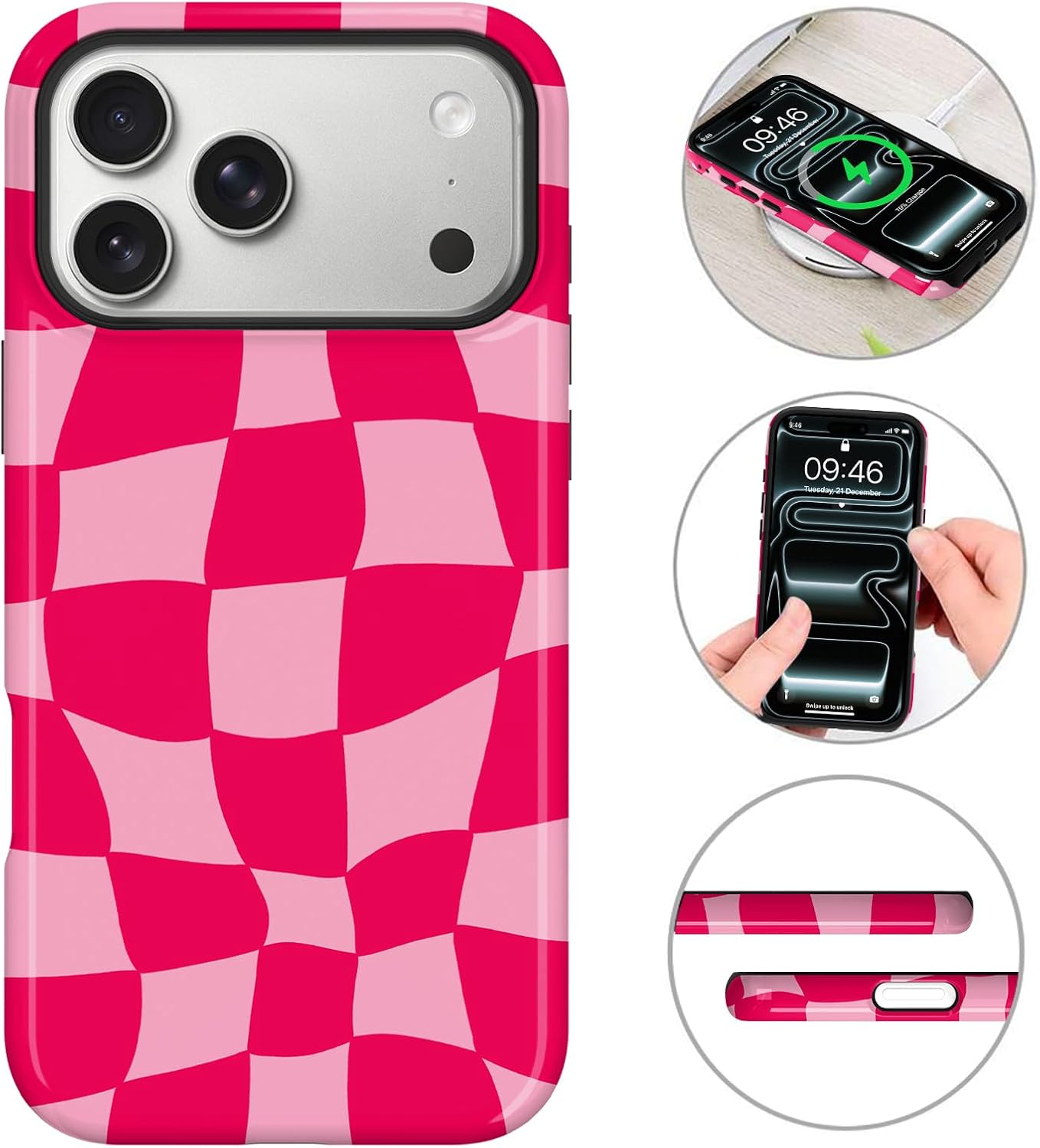 Thumbnail 6 de MZELQ iPhone 17 Pro Case, Hot Pink Checkerboard, Magnetic Glossy Cover