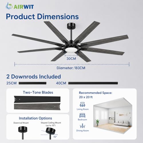 Thumbnail 6 de Airwit Ventilador de Techo con Luz Extra Grande (183 cm) — rendimiento silencioso para salones y terrazas cubiertas