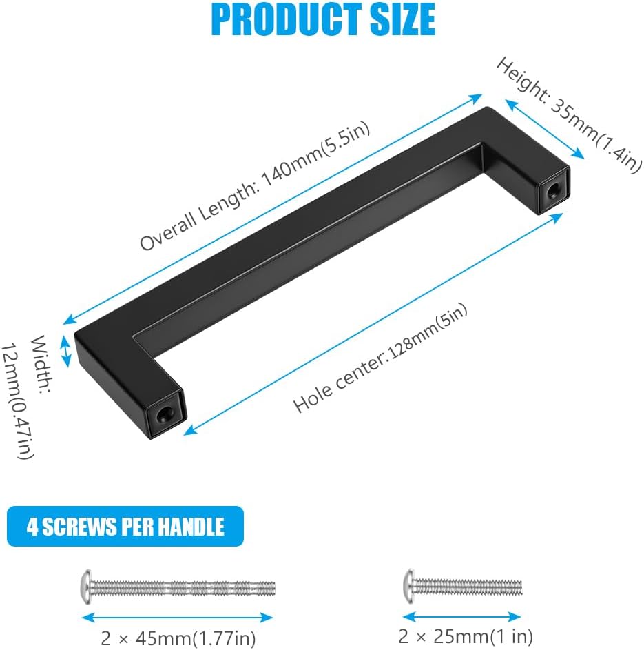 Detalle de AOOWU 8065345 Black Stainless Steel Cupboard Handles, 128mm Centres, 5 Pack