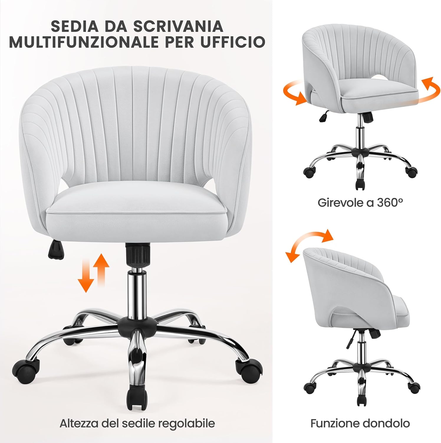 Detalle de Yaheetech poltroncina ergonomica da ufficio in velluto, altezza regolabile e girevole a 360° (grigio chiaro)
