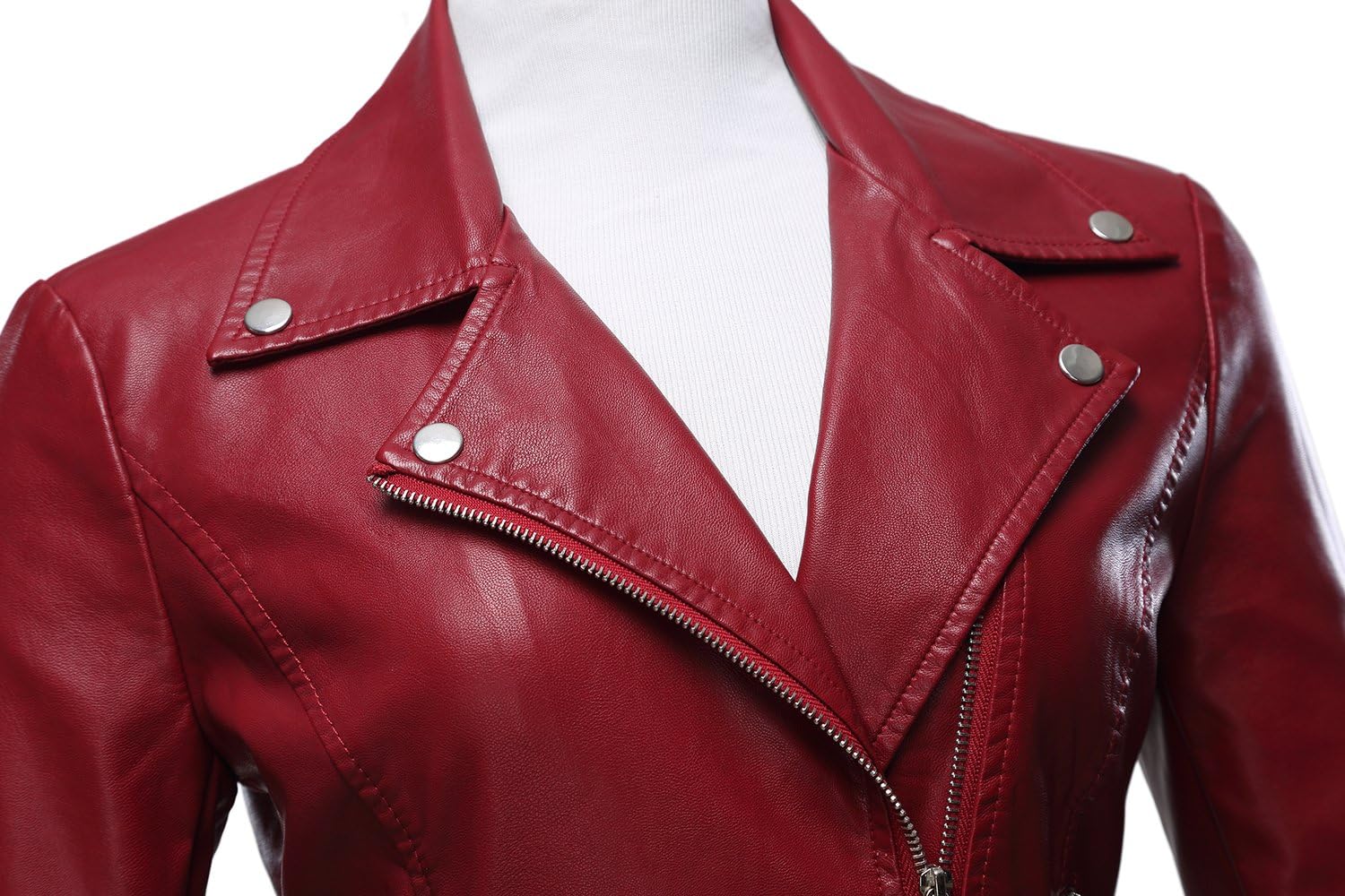Detalle de Tanming Women's Faux Leather Moto Jacket with Notched Lapel and Zip-Up Front