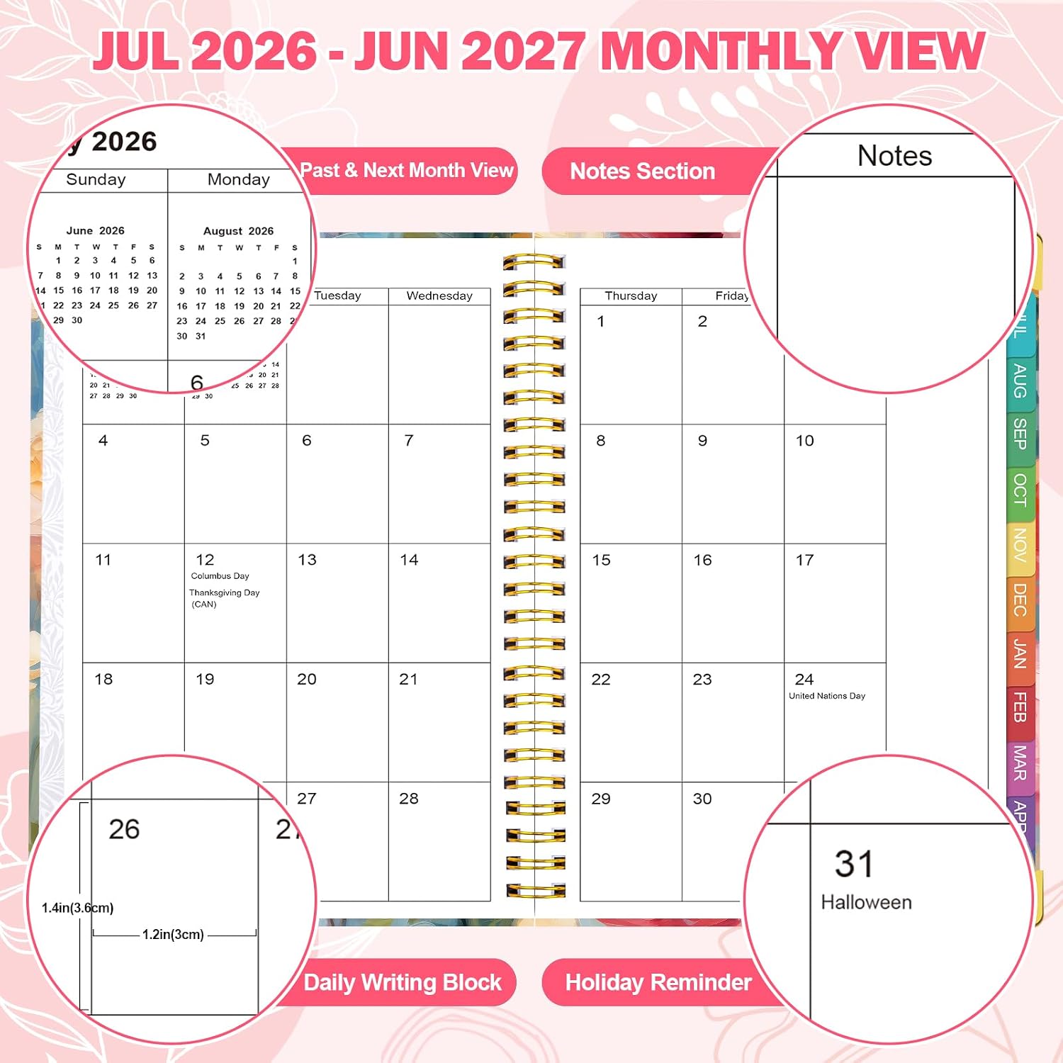 Detalle 2 de OMEYA 2026–2027 Weekly and Monthly Planner, Floral PVC Cover, Monthly Tabs