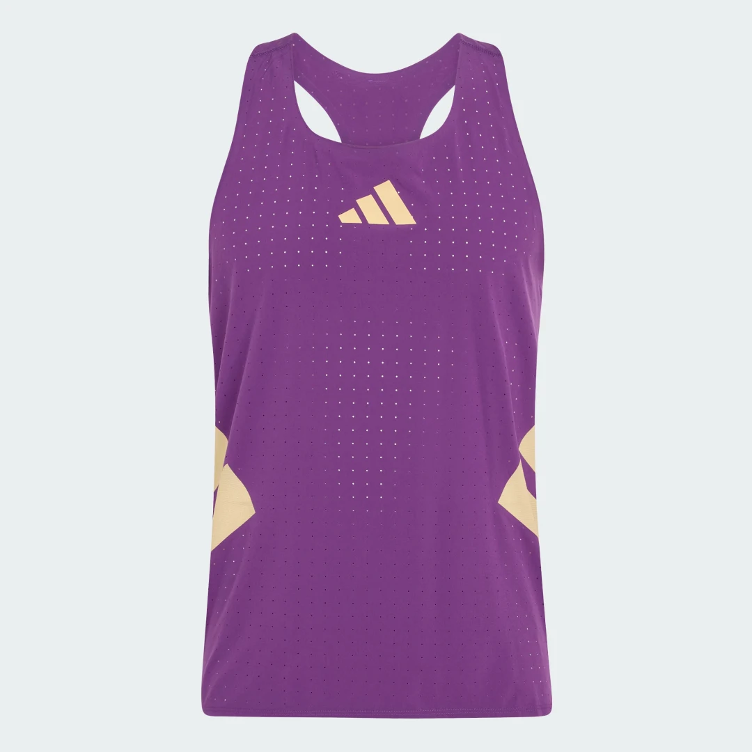 Detalle 2 de Camiseta sin mangas Adizero Road to Records de Adidas – ligera, violeta y pensada para entrenar