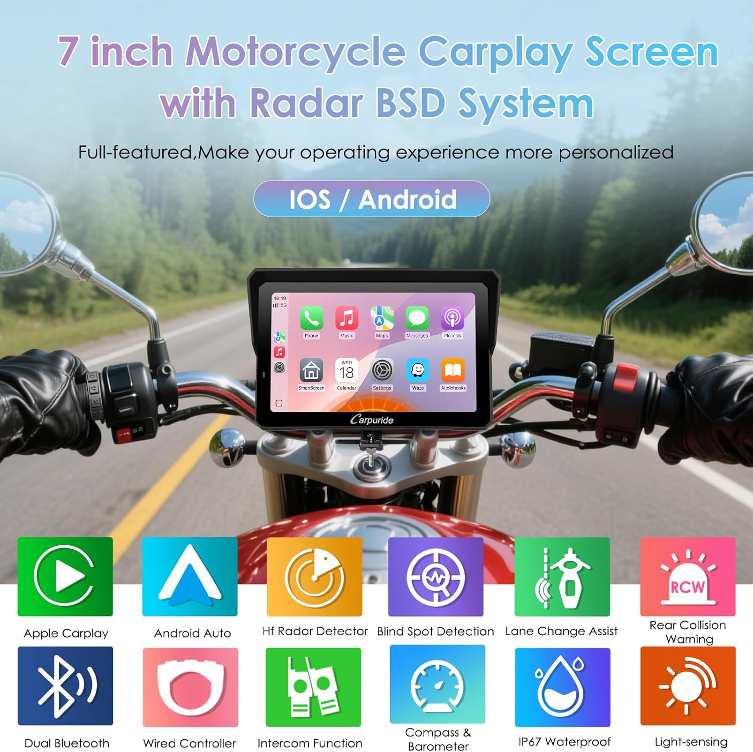 Thumbnail 1 de Carpuride W702RS Pro Motorcycle CarPlay Screen with BSD Radar and BM05 Mount