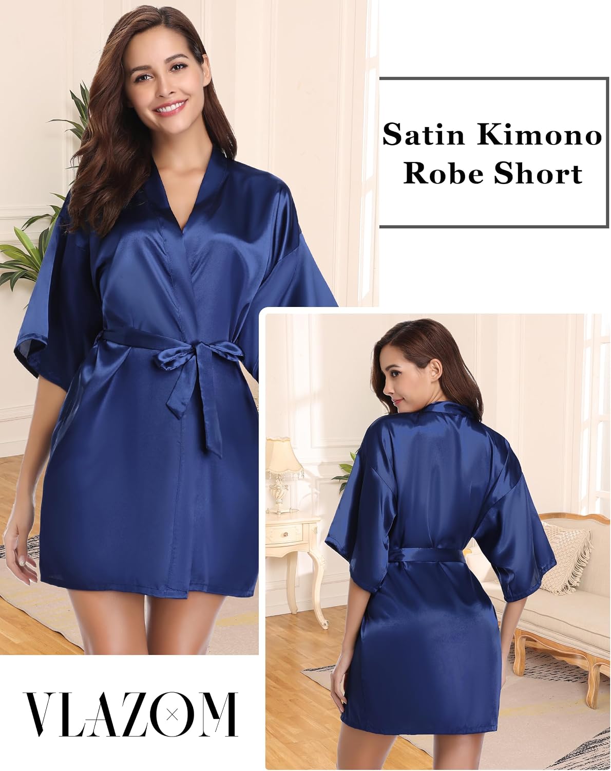 Detalle de Vlazom Kimono corto da donna in raso satin con scollo a V e cintura