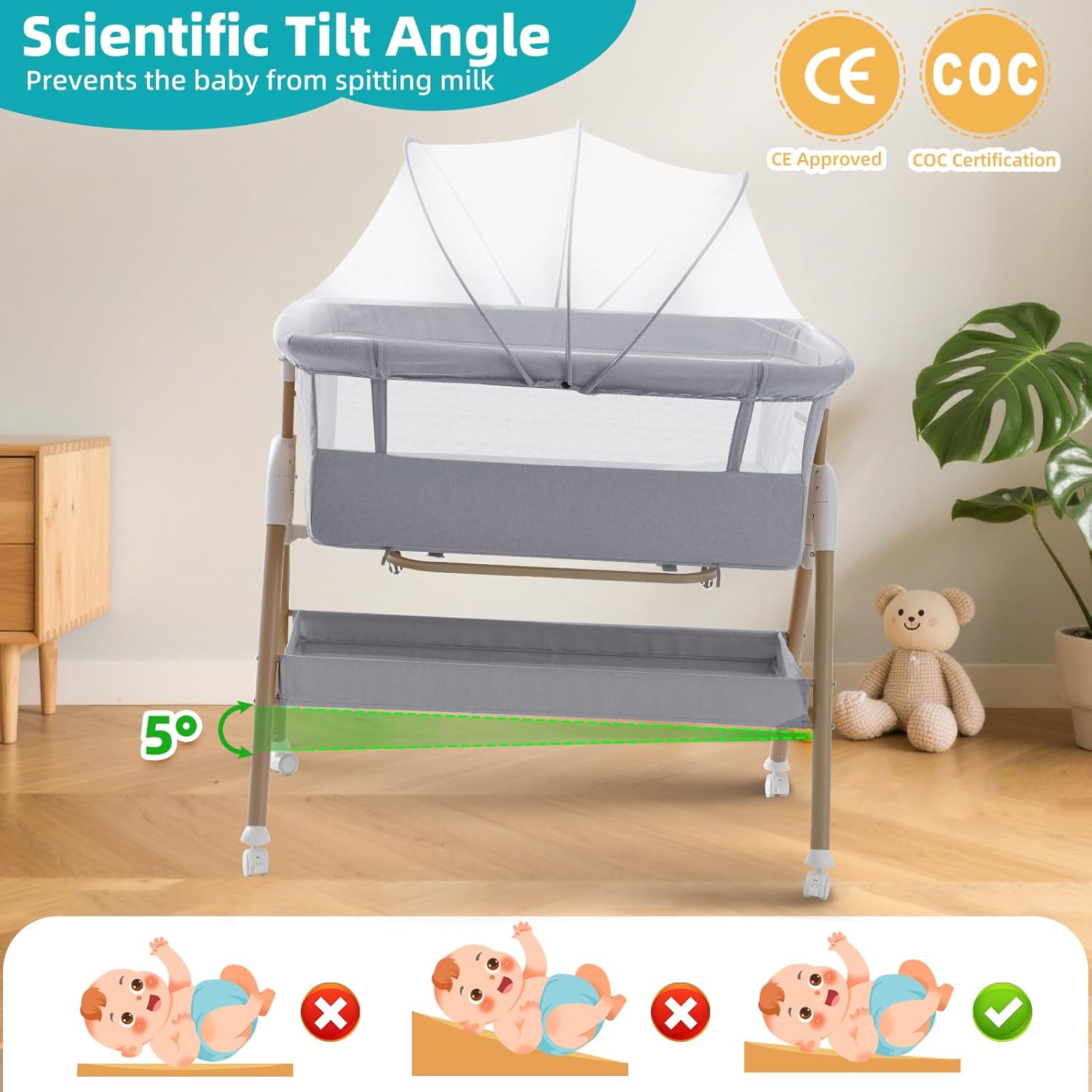 Thumbnail 3 de 3 in 1 Baby Beside Crib (from birth to 9kg) – portable bedside bassinet with adjustable height & incline, lockable wheels, grey