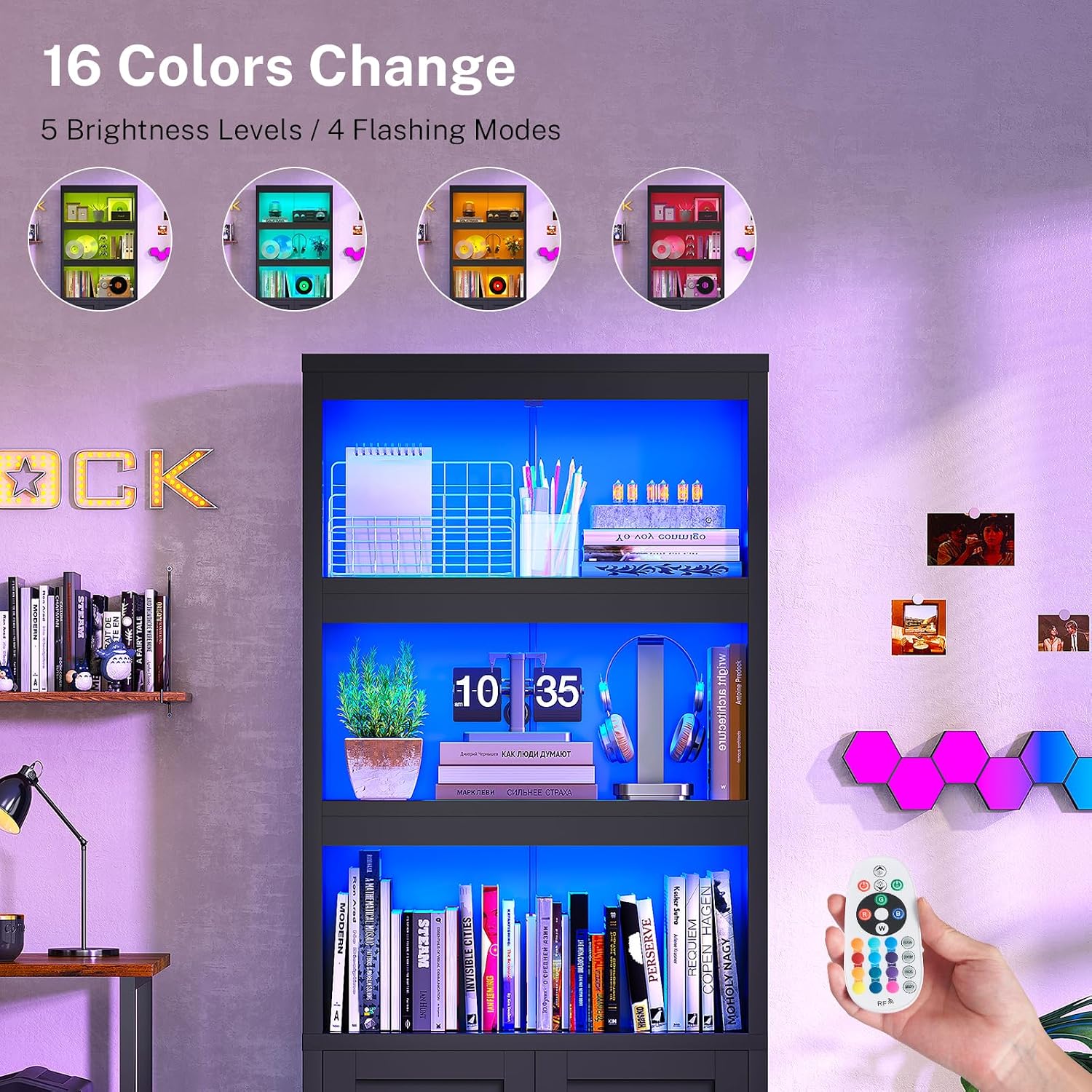 Detalle 2 de TEENFON bookcases 5-Shelf Bookcase with LED Lights, Doors and Adjustable Shelf
