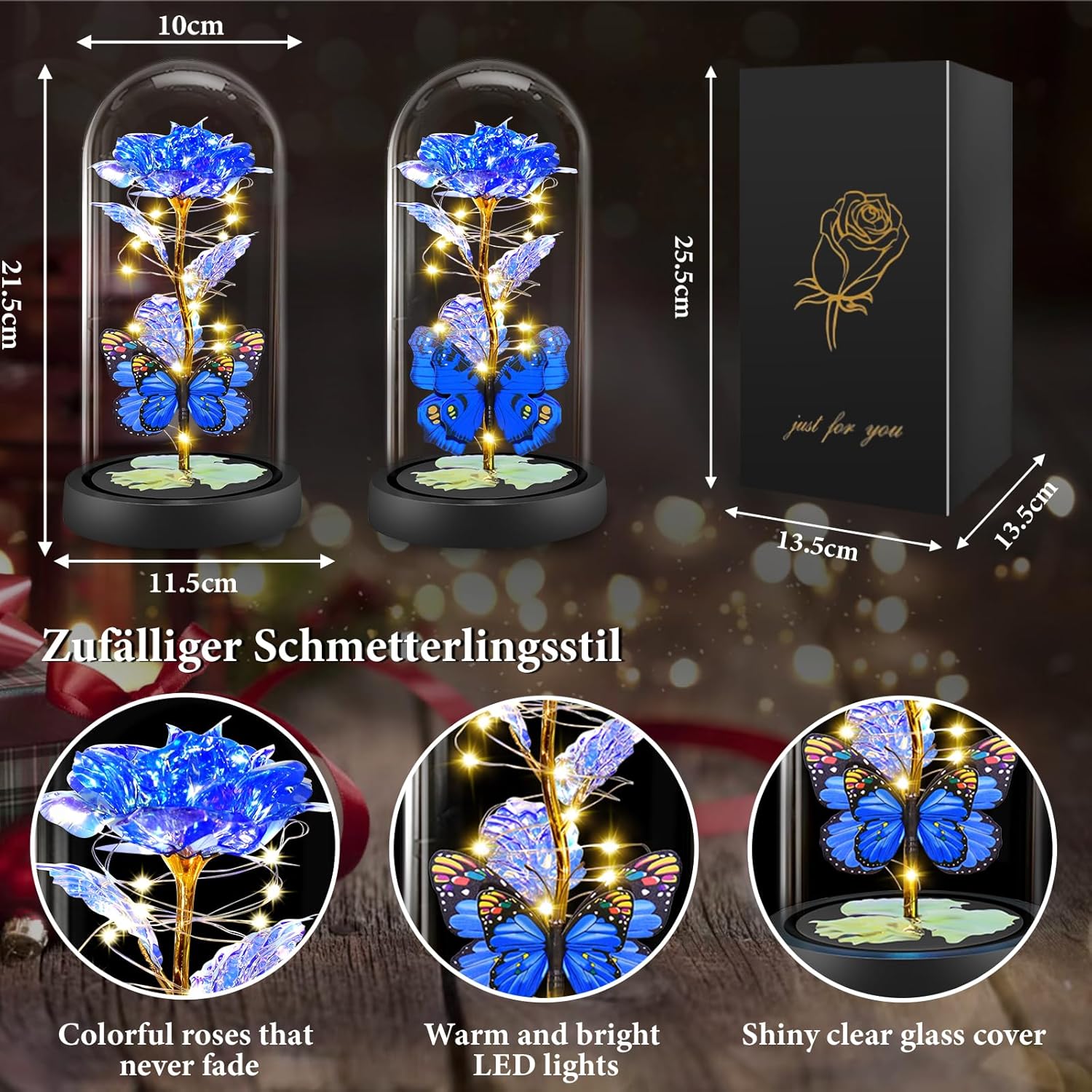 Thumbnail 1 de LED-Glasrose „Ewige Rose“ mit Schmetterling-Deko – Geschenk für Frauen (klassische blaue Rose)