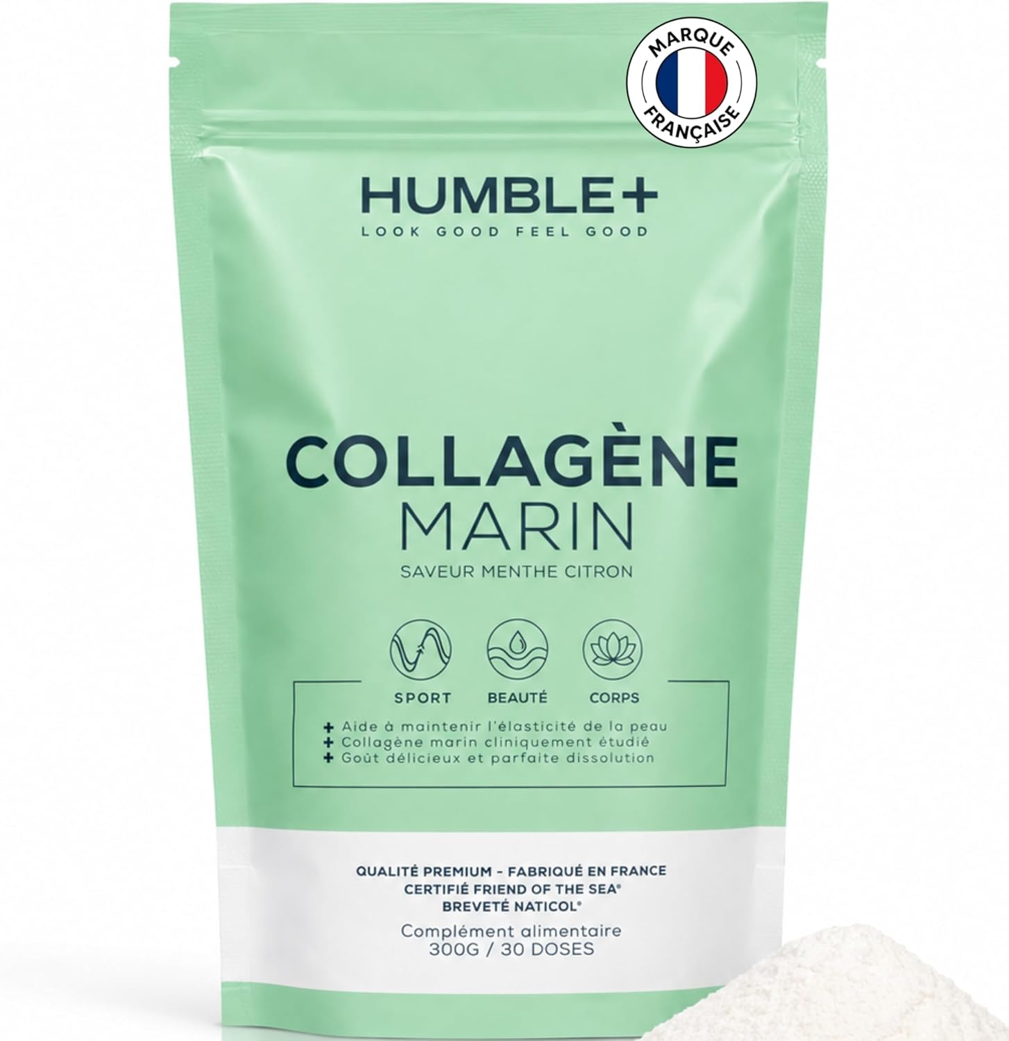 Detalle de Collagène Marin Naticol® en poudre – Menthe-Citron, 300 g (60 doses) — Fabriqué en France, pour peau, articulations et récupération musculaire